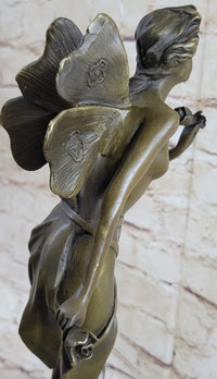 Nude Fairy Angel Nymph Girl Female Figure Holding Rose Bronze Statue Sculpture on Marble Base
