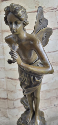 Nude Fairy Angel Nymph Girl Female Figure Holding Rose Bronze Statue Sculpture on Marble Base