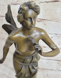 Nude Fairy Angel Nymph Girl Female Figure Holding Rose Bronze Statue Sculpture on Marble Base