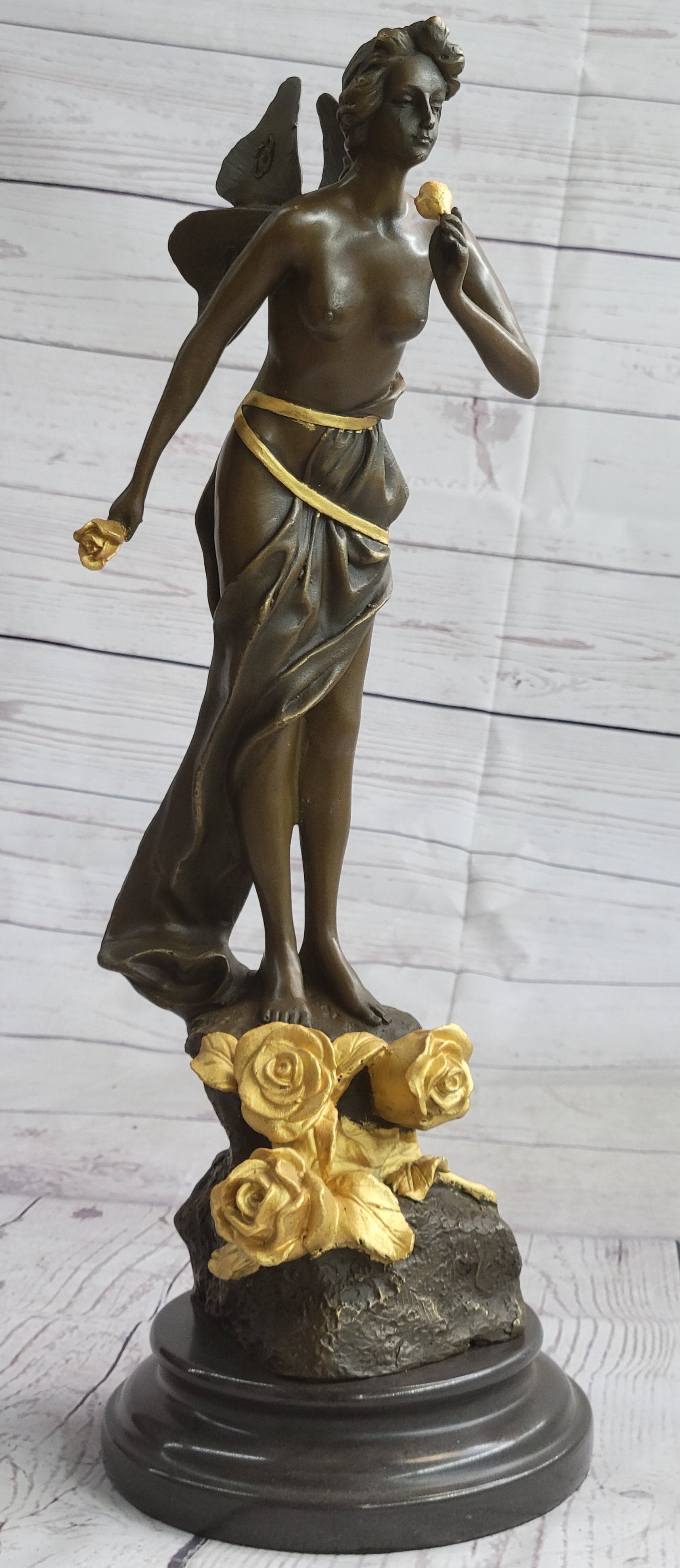 Nude Fairy Girl Smelling Rose Flower Bronze Figure Figurine Sculpture Statue Marble Base  Gold Patina 17"