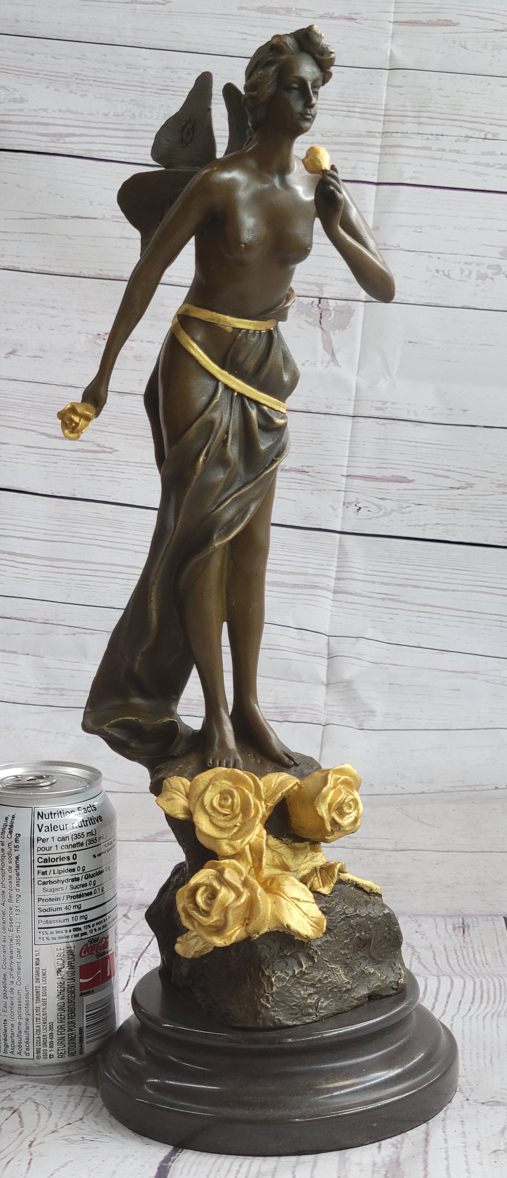 Nude Fairy Girl Smelling Rose Flower Bronze Figure Figurine Sculpture Statue Marble Base  Gold Patina 17"