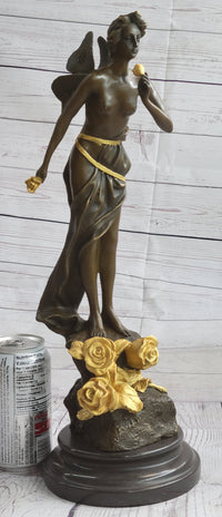 Nude Fairy Girl Smelling Rose Flower Bronze Figure Figurine Sculpture Statue Marble Base  Gold Patina 17"
