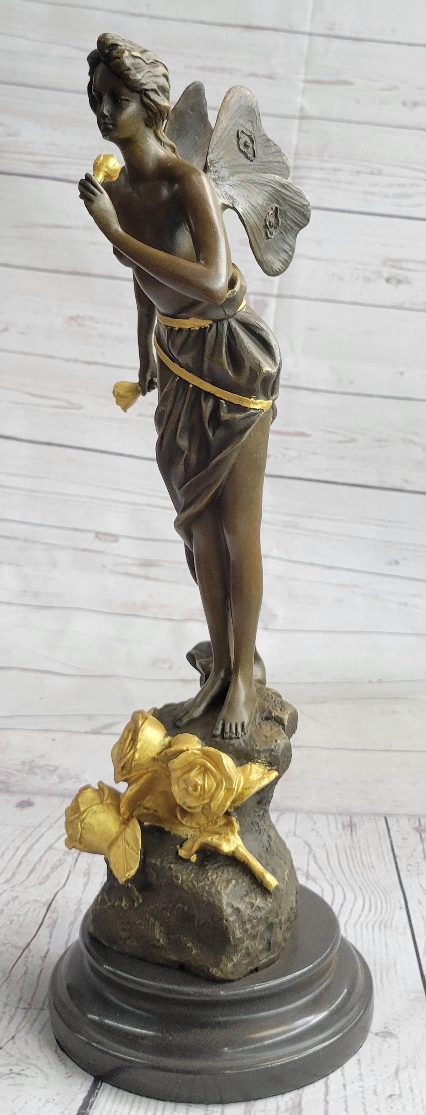 Nude Fairy Girl Smelling Rose Flower Bronze Figure Figurine Sculpture Statue Marble Base  Gold Patina 17"