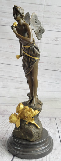 Nude Fairy Girl Smelling Rose Flower Bronze Figure Figurine Sculpture Statue Marble Base  Gold Patina 17"