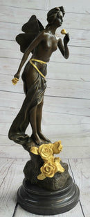 Nude Fairy Girl Smelling Rose Flower Bronze Figure Figurine Sculpture Statue Marble Base  Gold Patina 17"
