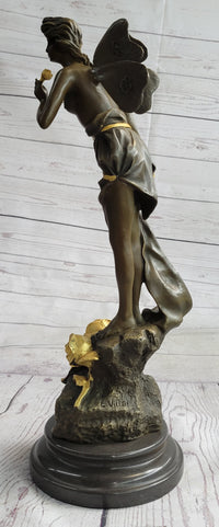 Nude Fairy Girl Smelling Rose Flower Bronze Figure Figurine Sculpture Statue Marble Base  Gold Patina 17"