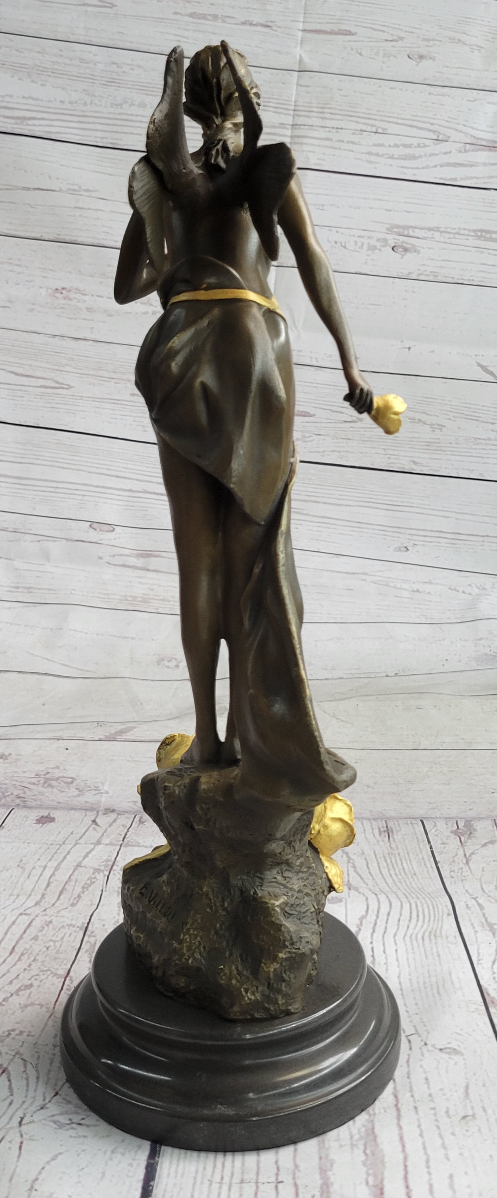 Nude Fairy Girl Smelling Rose Flower Bronze Figure Figurine Sculpture Statue Marble Base  Gold Patina 17"