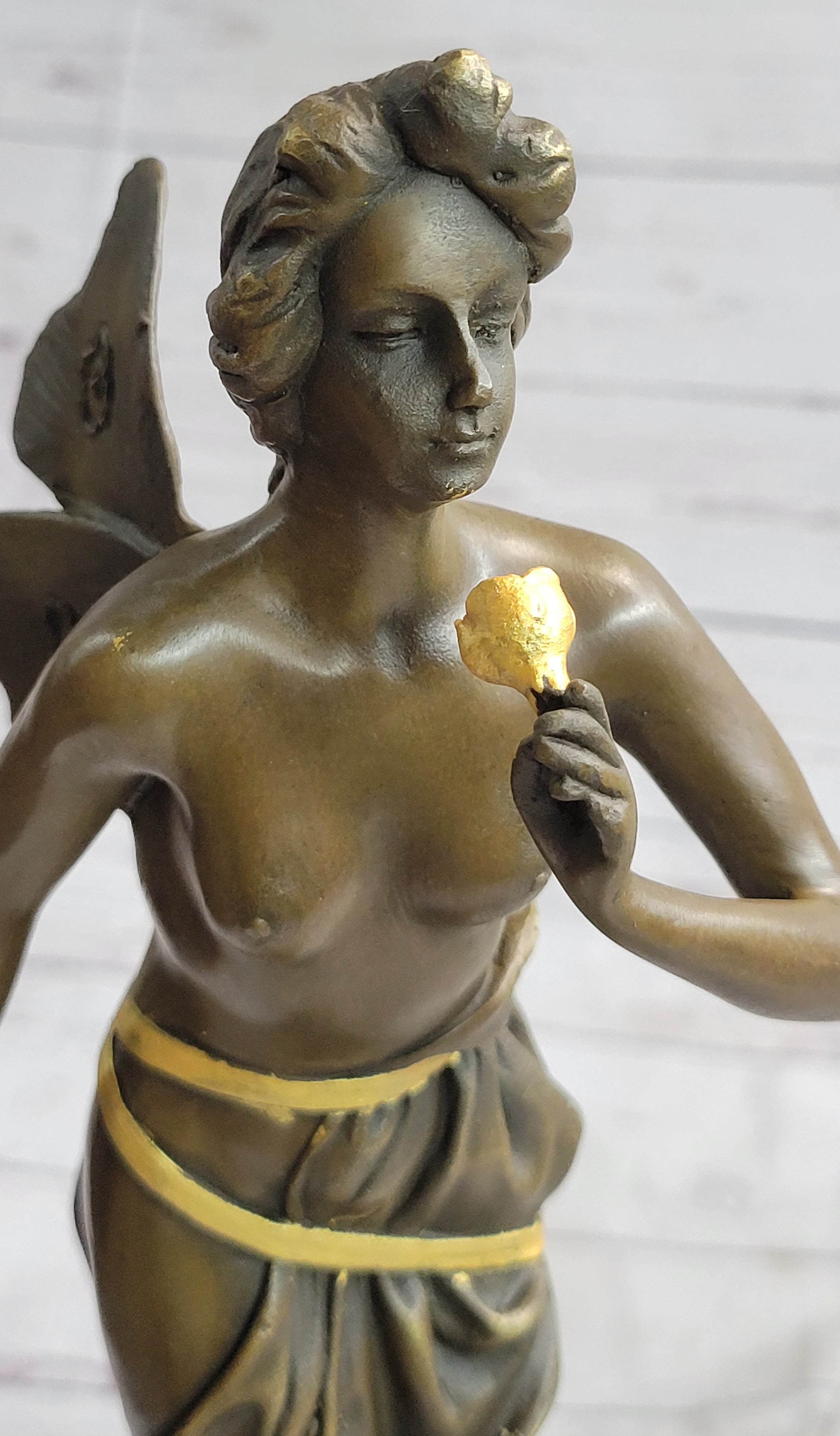 Nude Fairy Girl Smelling Rose Flower Bronze Figure Figurine Sculpture Statue Marble Base  Gold Patina 17"