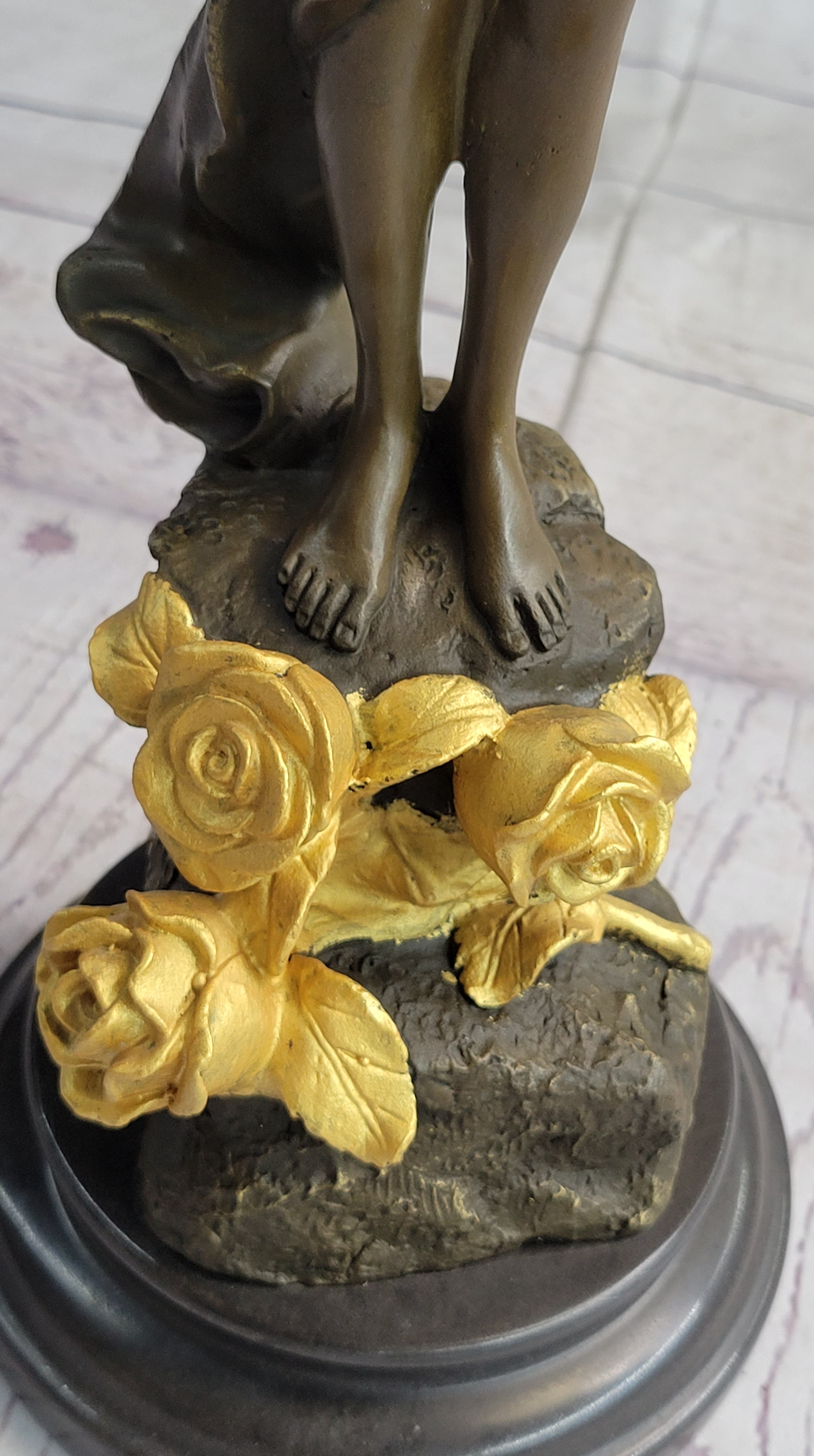 Nude Fairy Girl Smelling Rose Flower Bronze Figure Figurine Sculpture Statue Marble Base  Gold Patina 17"