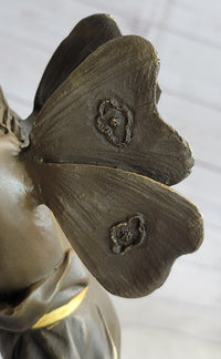 Nude Fairy Girl Smelling Rose Flower Bronze Figure Figurine Sculpture Statue Marble Base  Gold Patina 17"