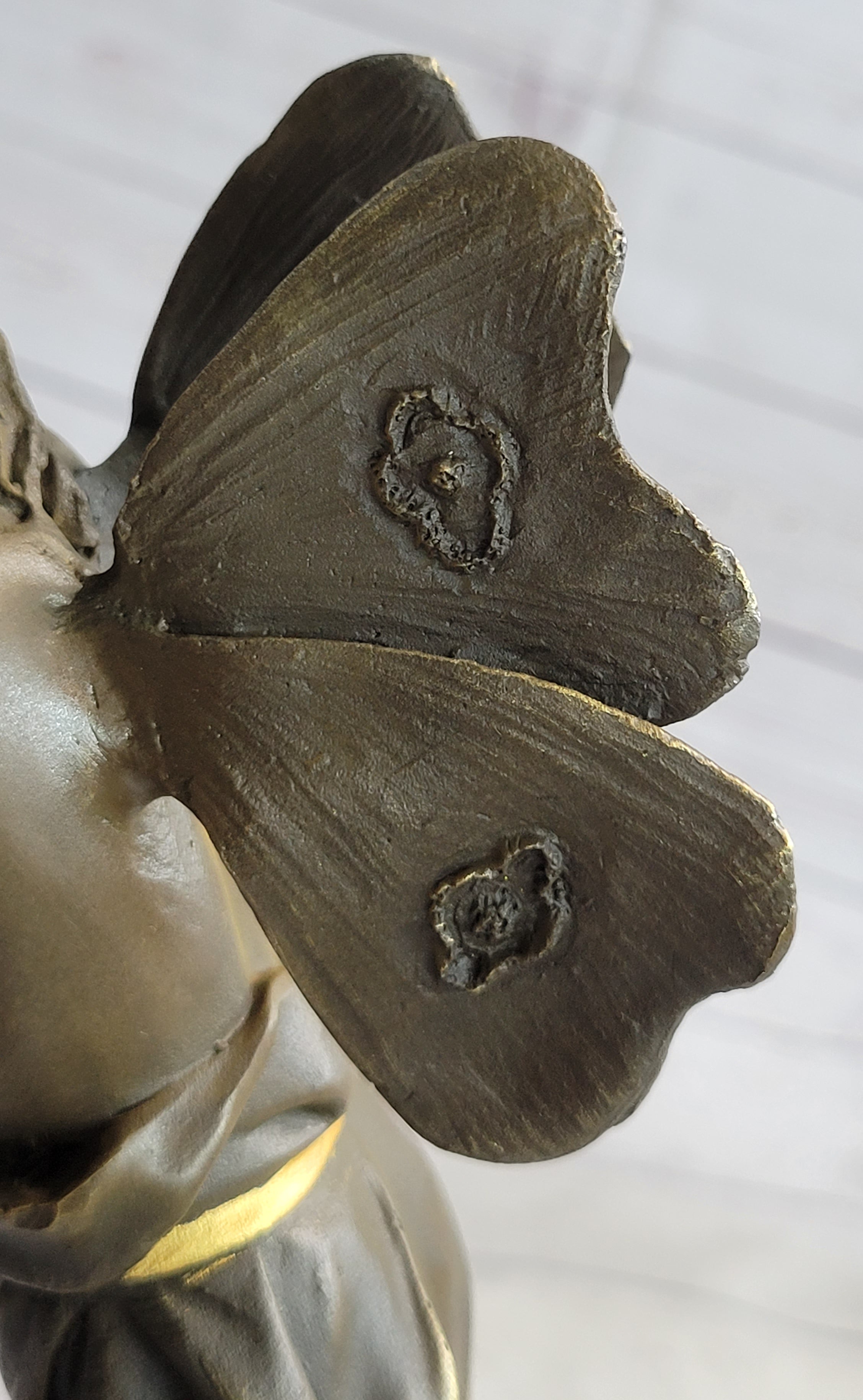 Nude Fairy Girl Smelling Rose Flower Bronze Figure Figurine Sculpture Statue Marble Base  Gold Patina 17"