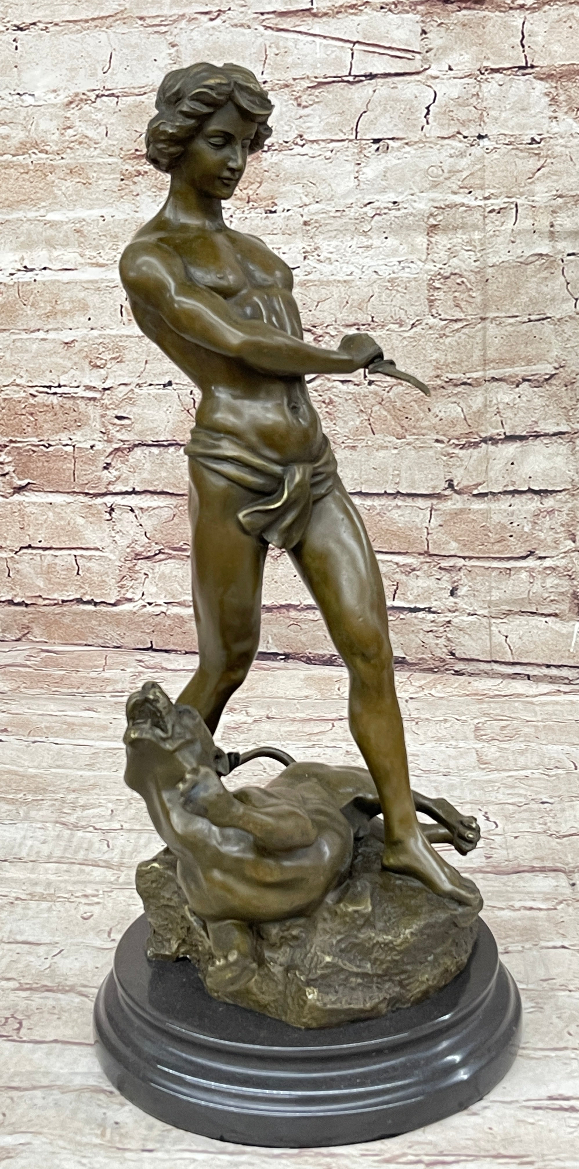 Lion Slayer Bronze Sculpture by L. Potet on Marble Base