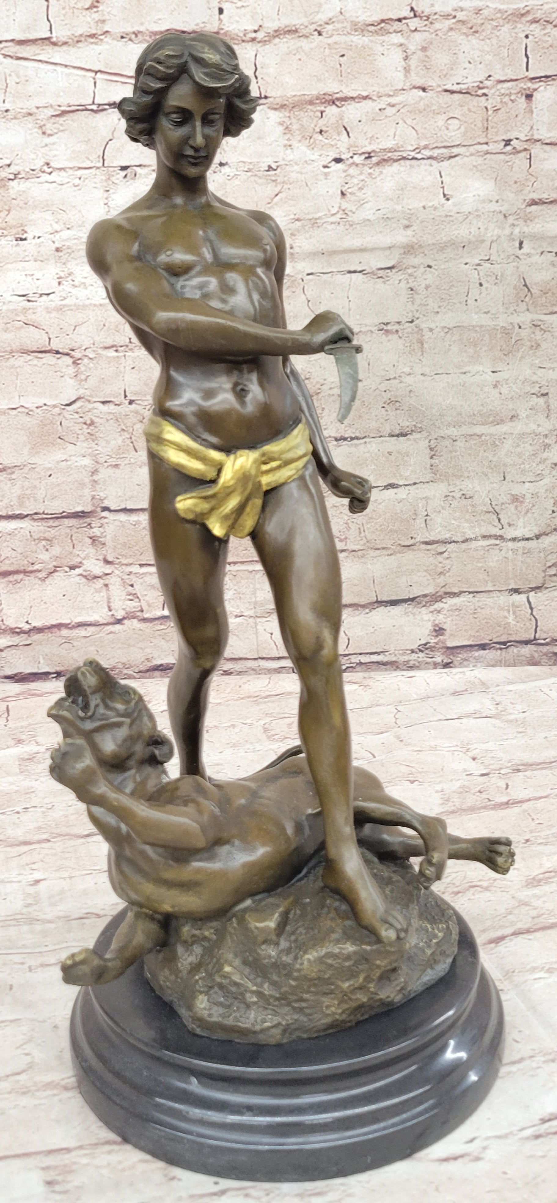 Young Tarzan Killing Leopard 100% Solid Bronze Sculpture
