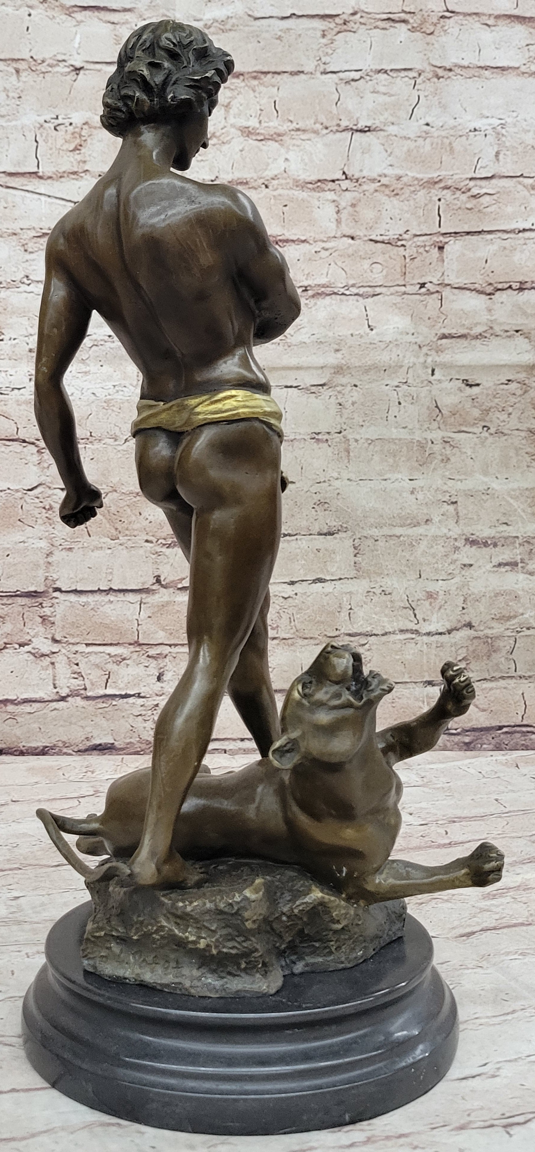 Young Tarzan Killing Leopard 100% Solid Bronze Sculpture