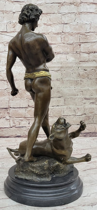 Young Tarzan Killing Leopard 100% Solid Bronze Sculpture