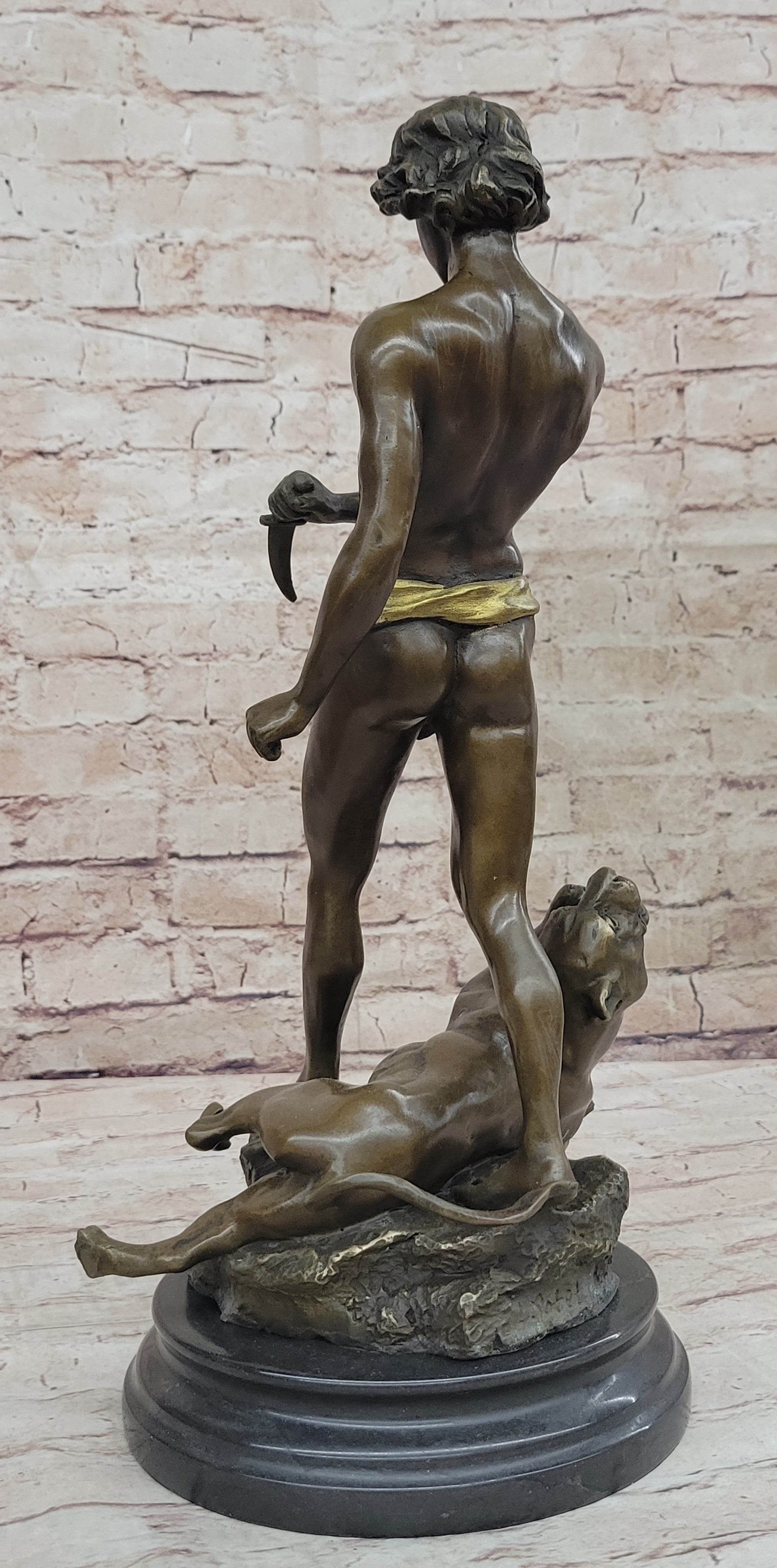 Young Tarzan Killing Leopard 100% Solid Bronze Sculpture