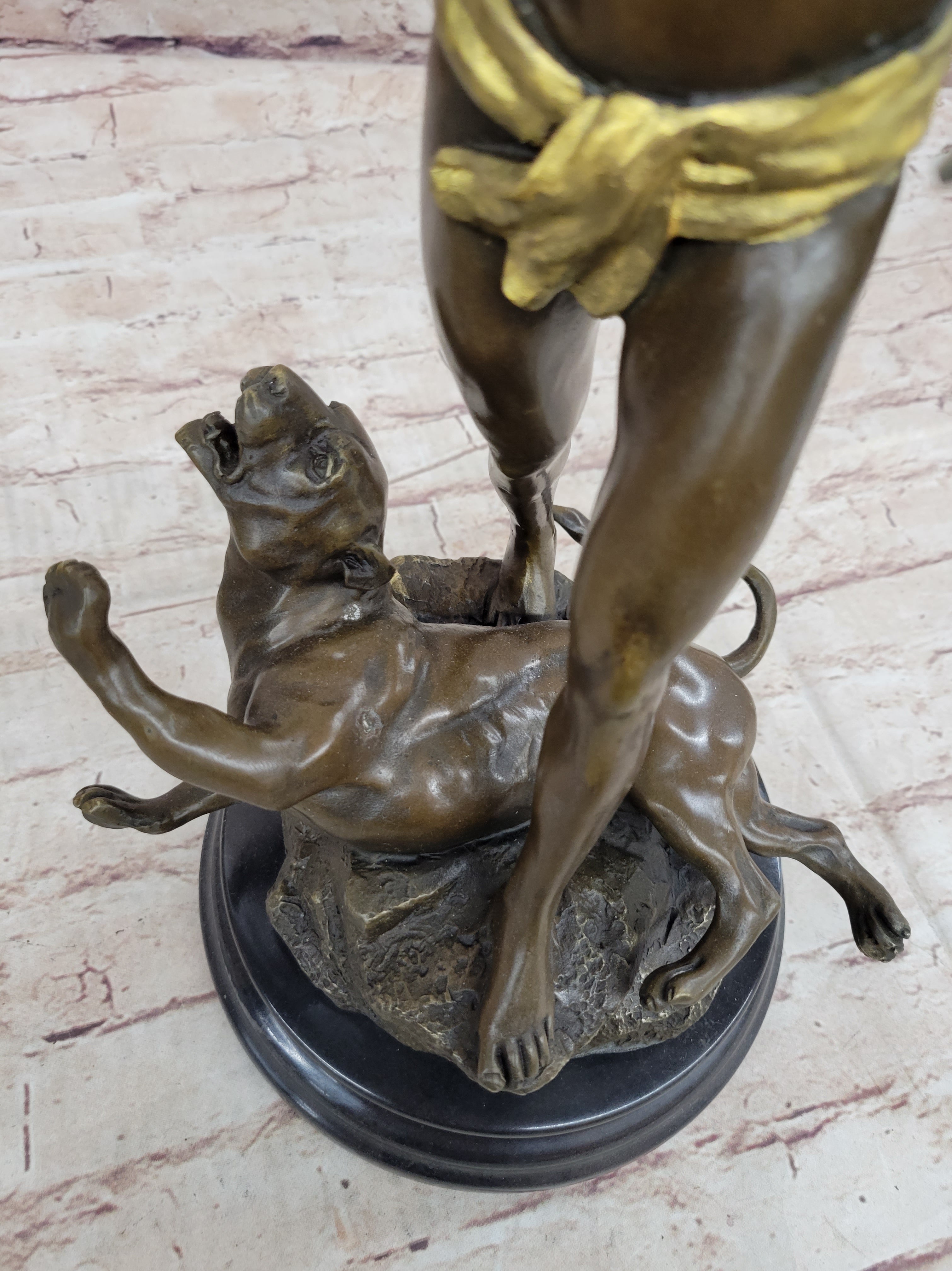 Young Tarzan Killing Leopard 100% Solid Bronze Sculpture