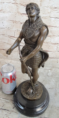 Bronze Sculpture God Apollo Nude Young Man Hunter Bow & Arrow