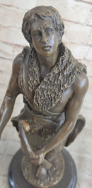 Bronze Sculpture God Apollo Nude Young Man Hunter Bow & Arrow