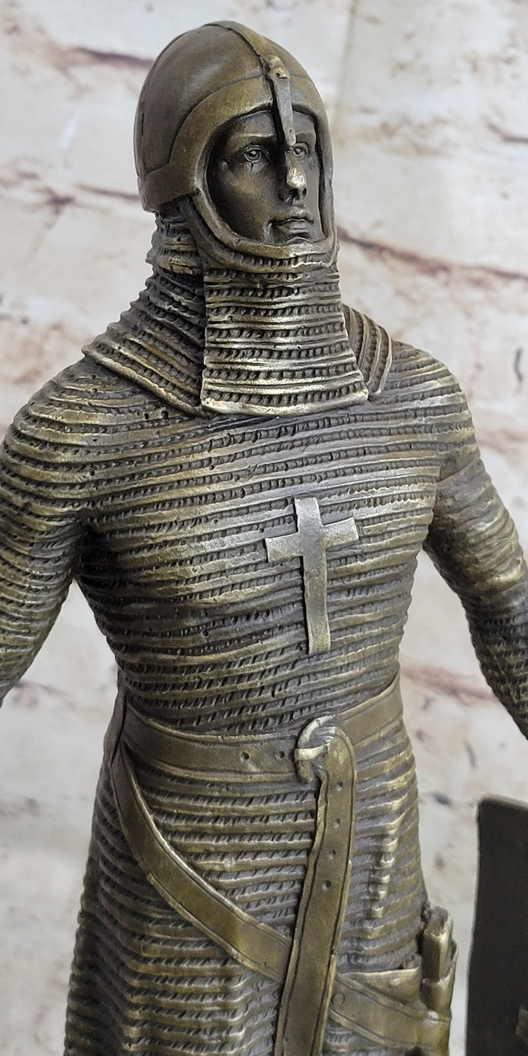 Crusader Knight Templar Bronze Sculpture on Marble Base