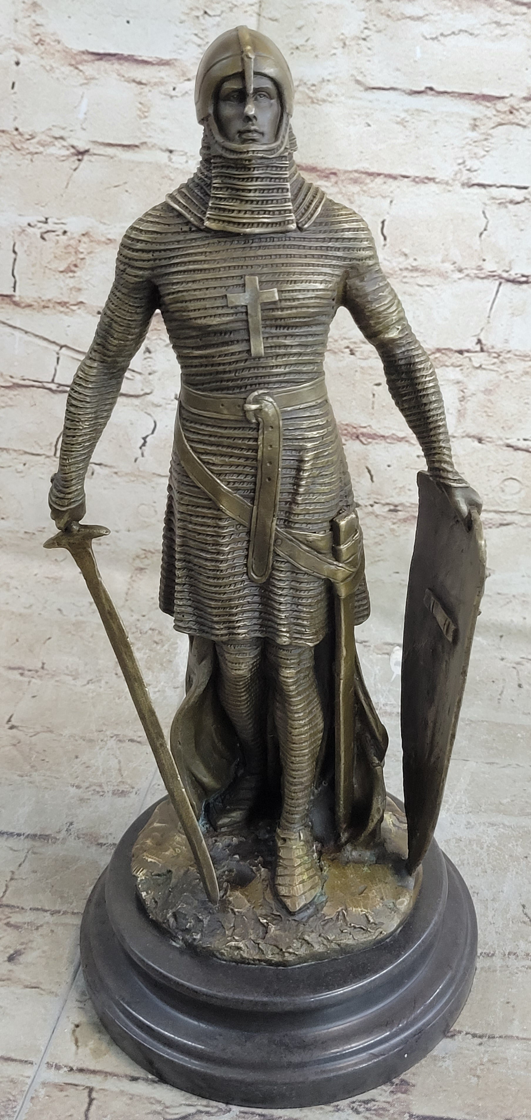 Crusader Knight Templar Bronze Sculpture on Marble Base