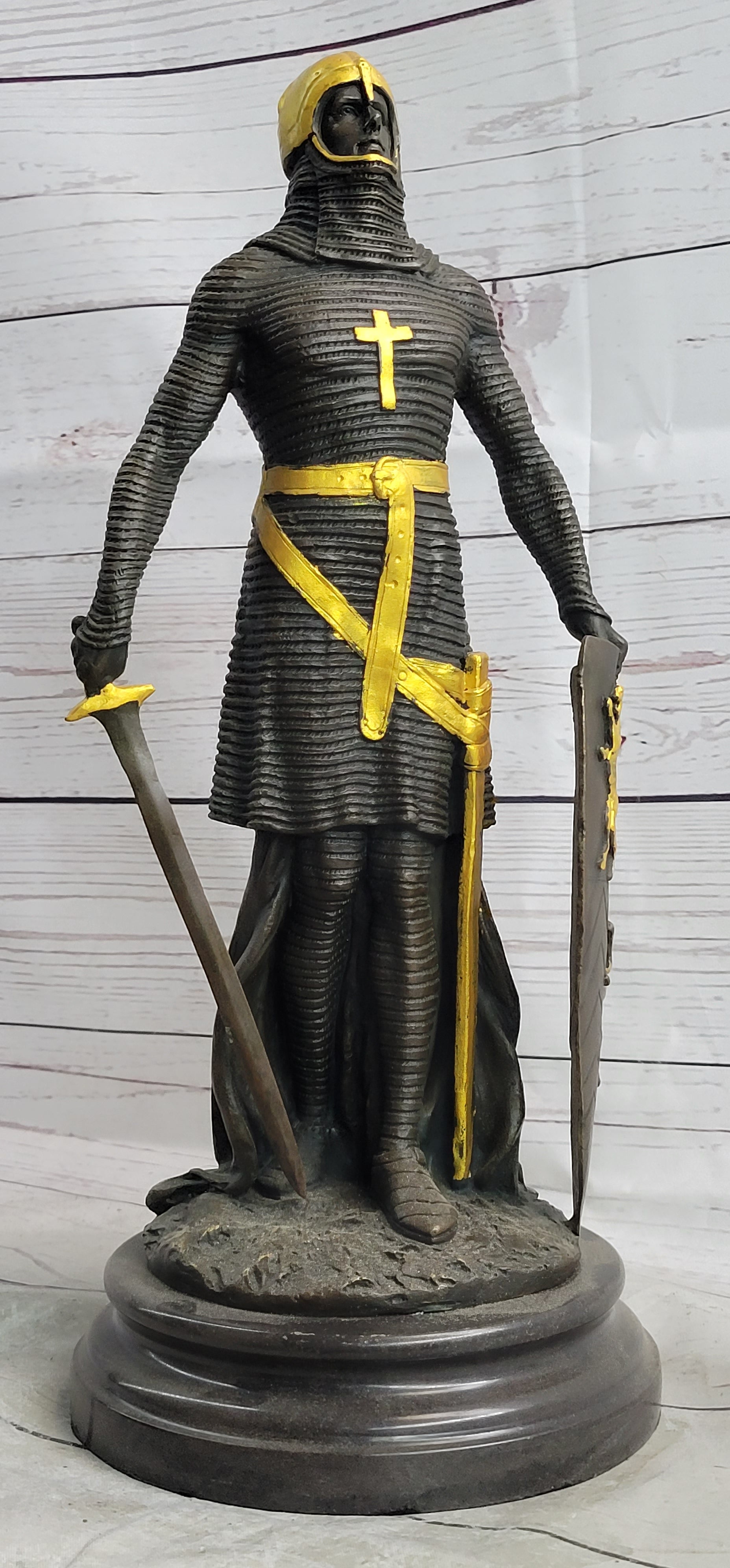 Medieval Templar Knight Crusader Bronze Sculpture Marble Base