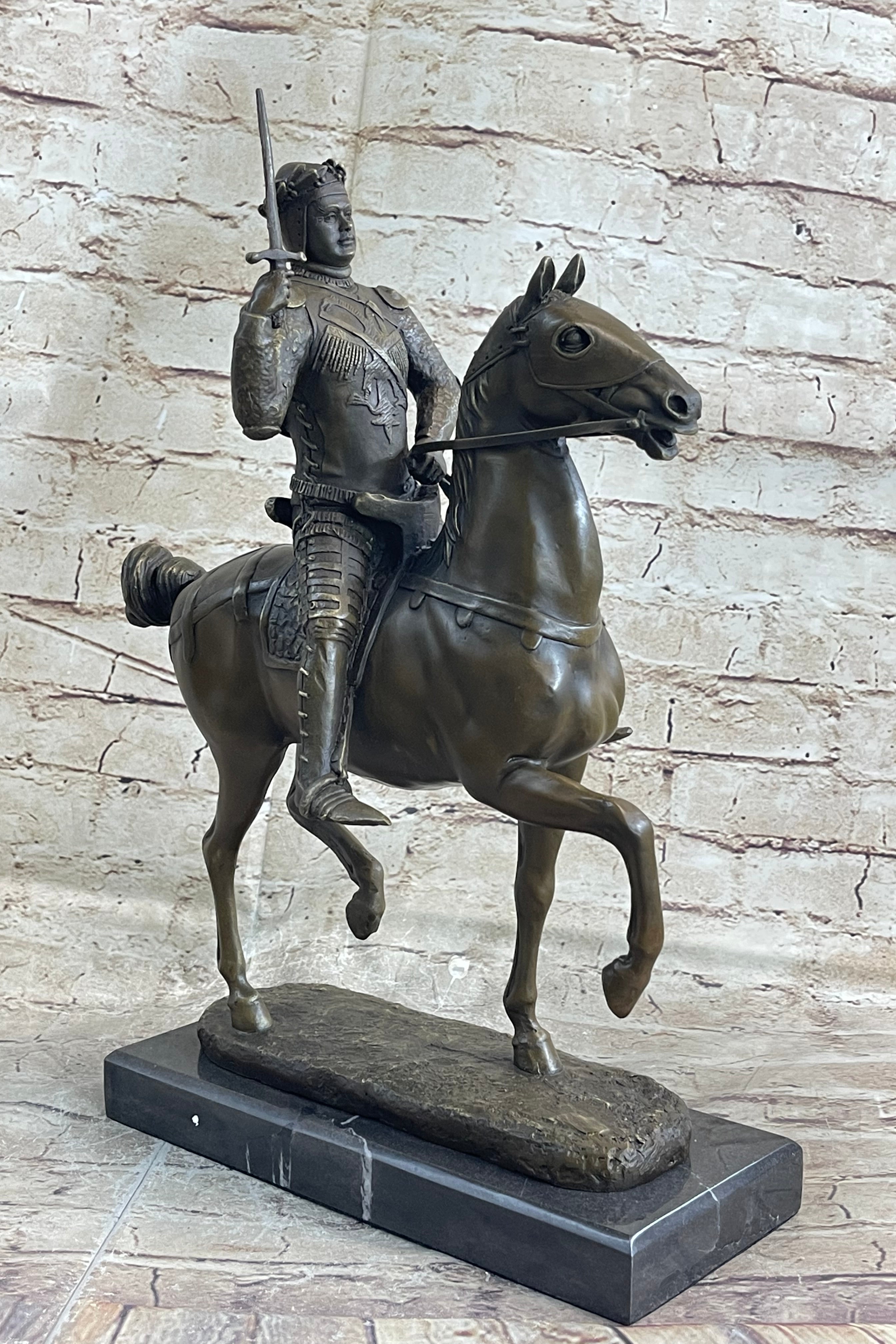 Medieval European Warrior King Arthur on Horseback Bronze 16" x 10"