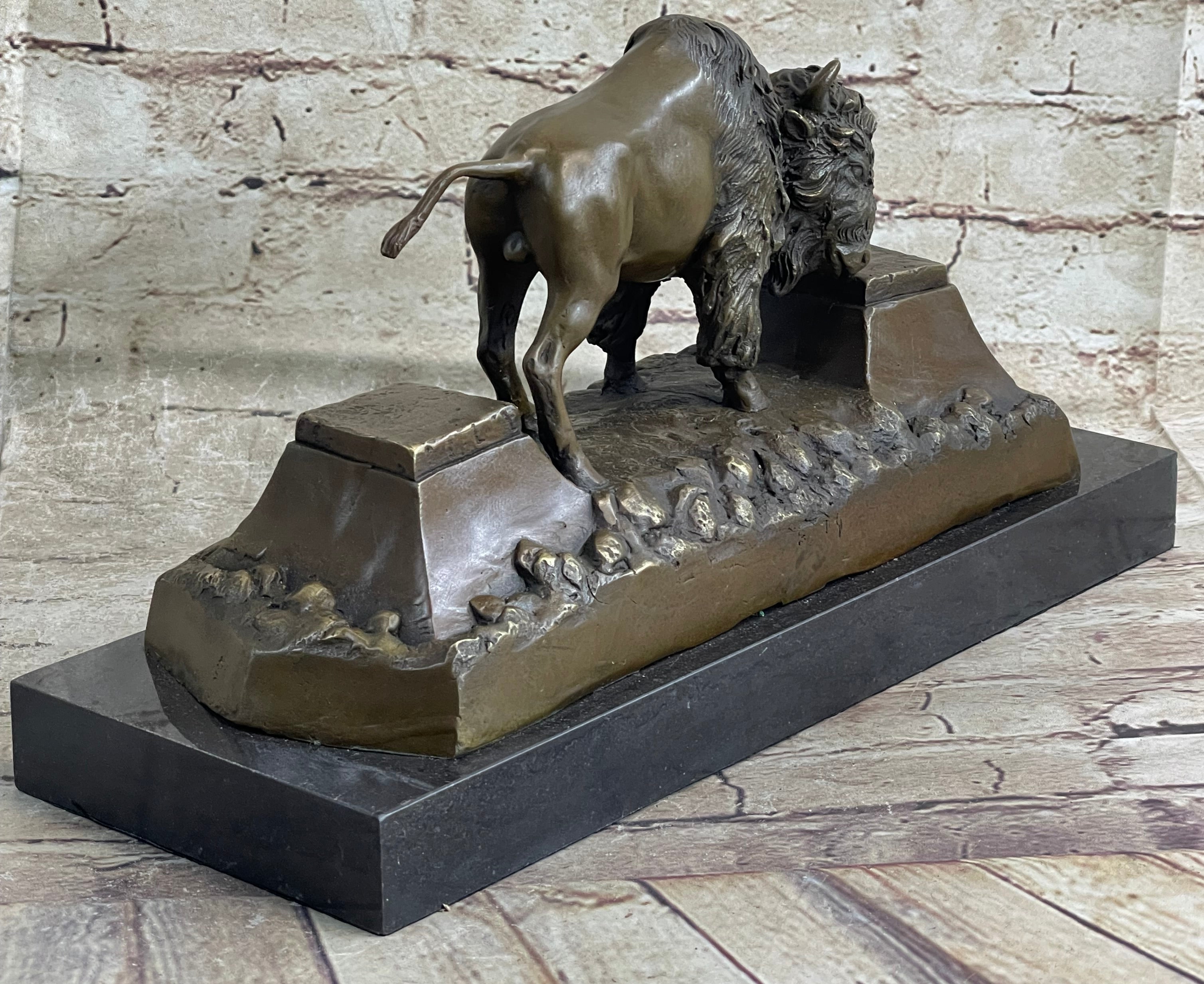 Bronze American Bison Sculpture on Marble Base C. Russell
