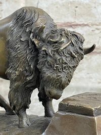 Bronze American Bison Sculpture on Marble Base C. Russell