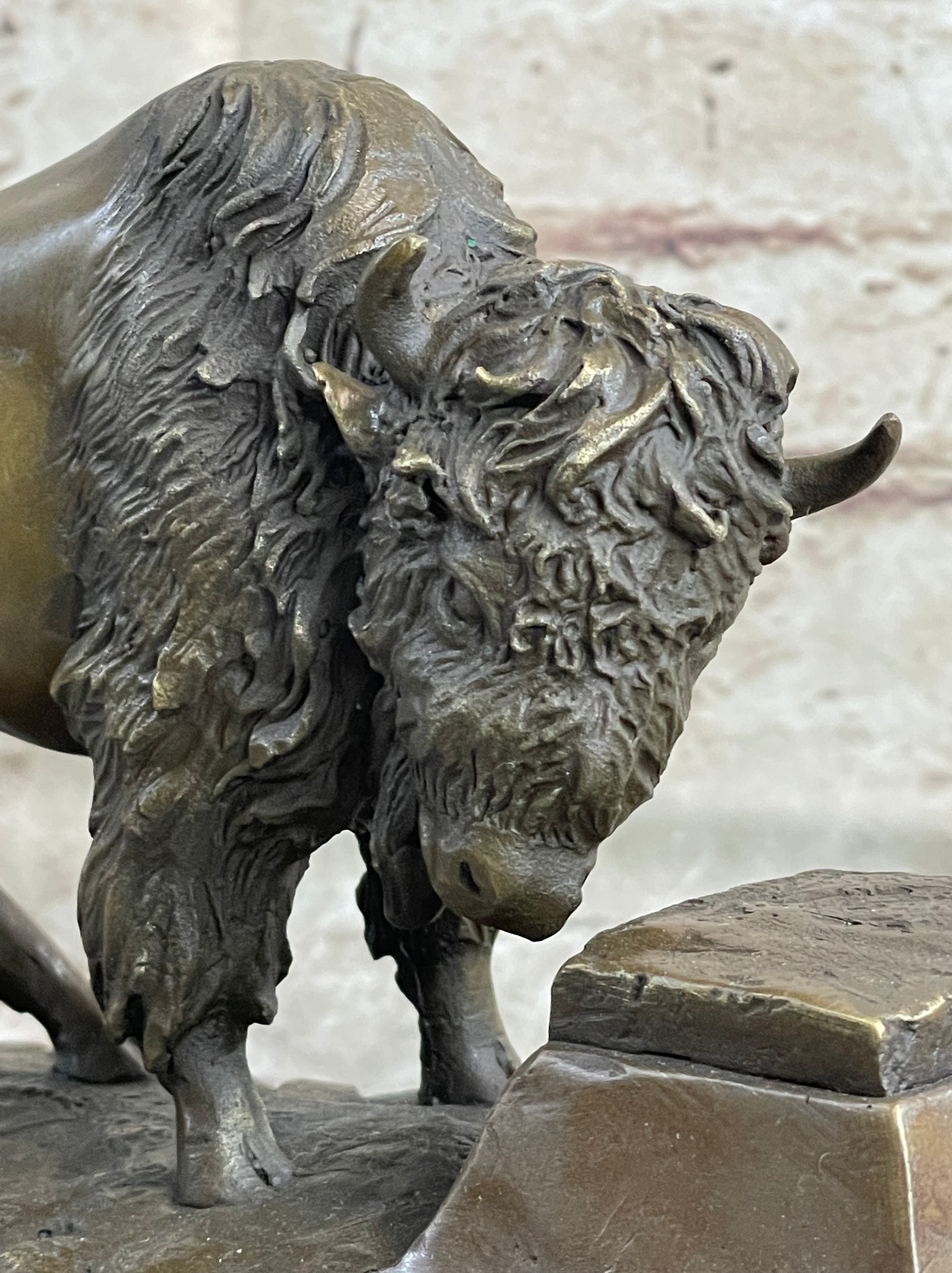 Bronze American Bison Sculpture on Marble Base C. Russell