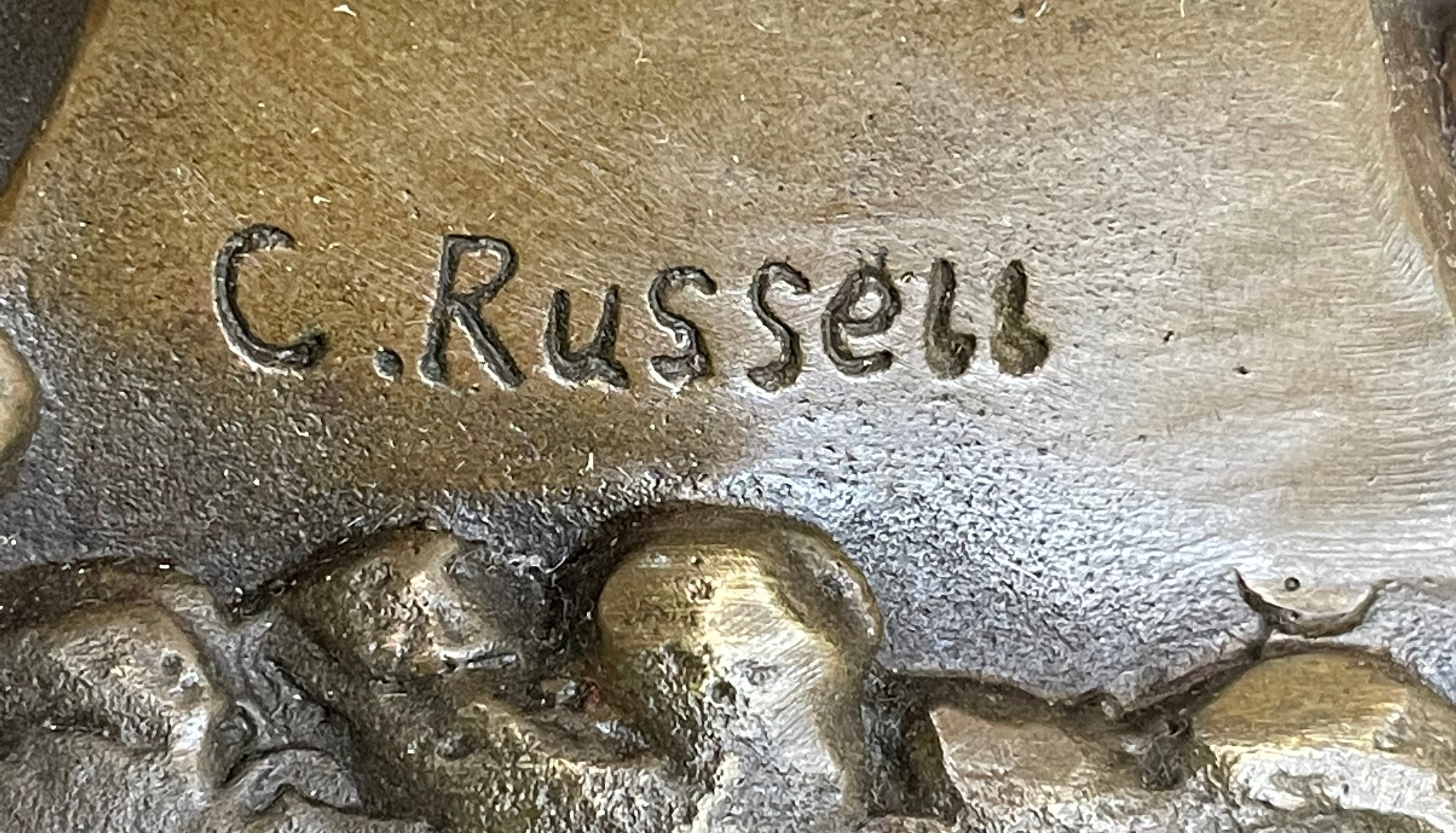 Bronze American Bison Sculpture on Marble Base C. Russell