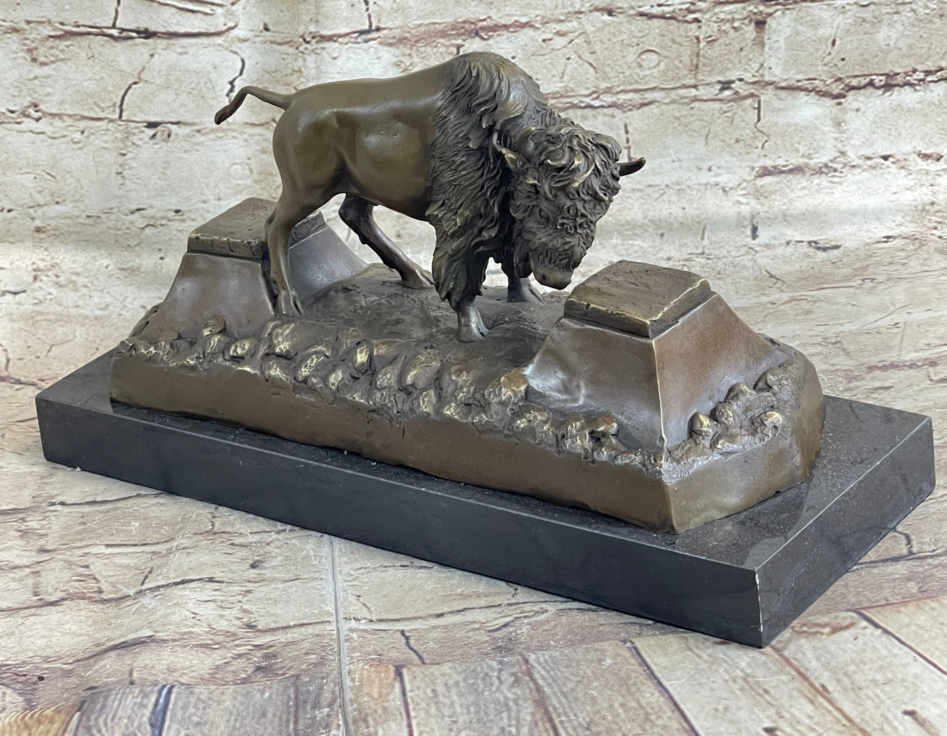 Bronze American Bison Sculpture on Marble Base C. Russell