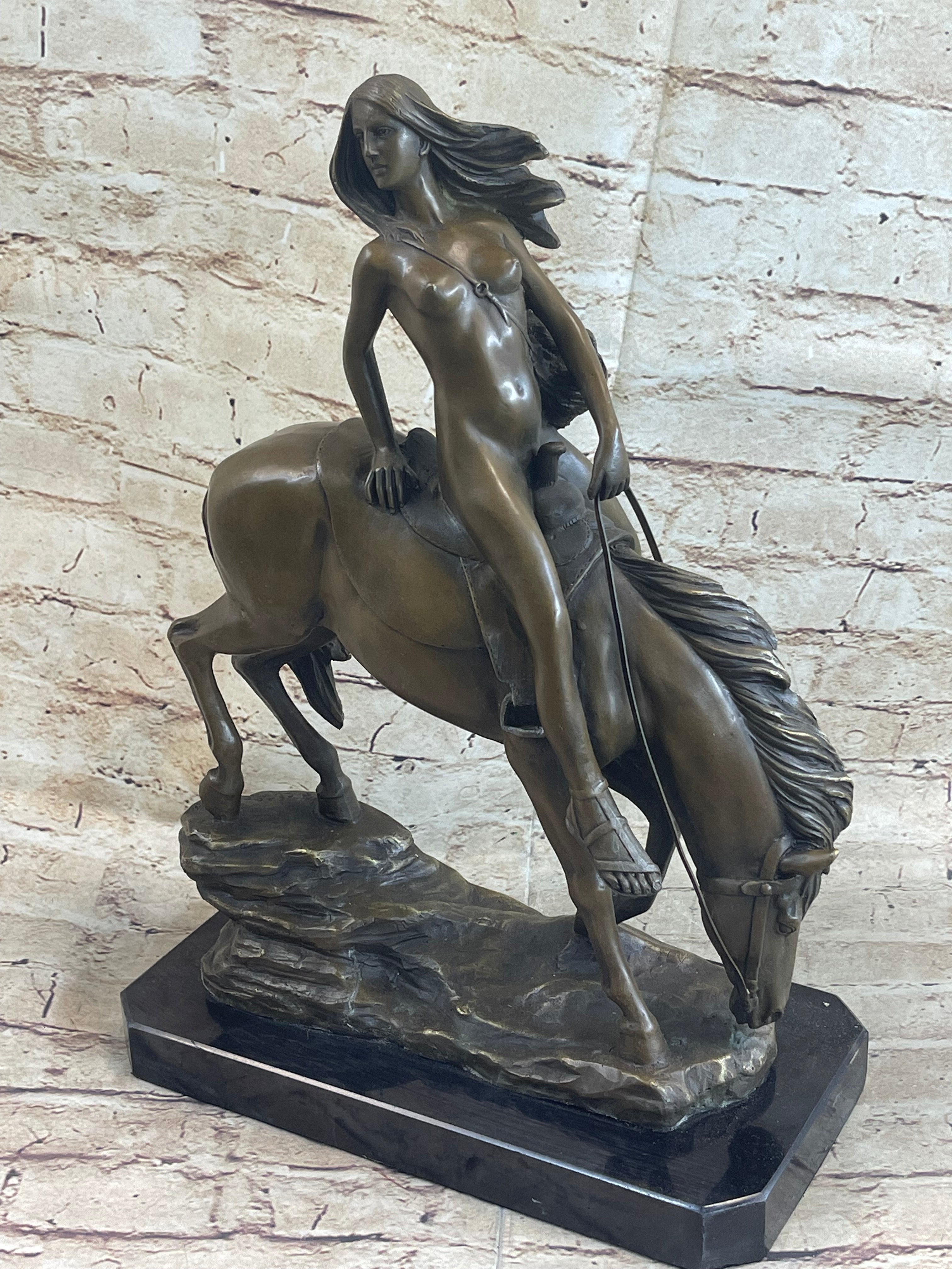 Lady Godiva Nude Girl on Horseback Bronze Sculpture Figure 16" x 12"