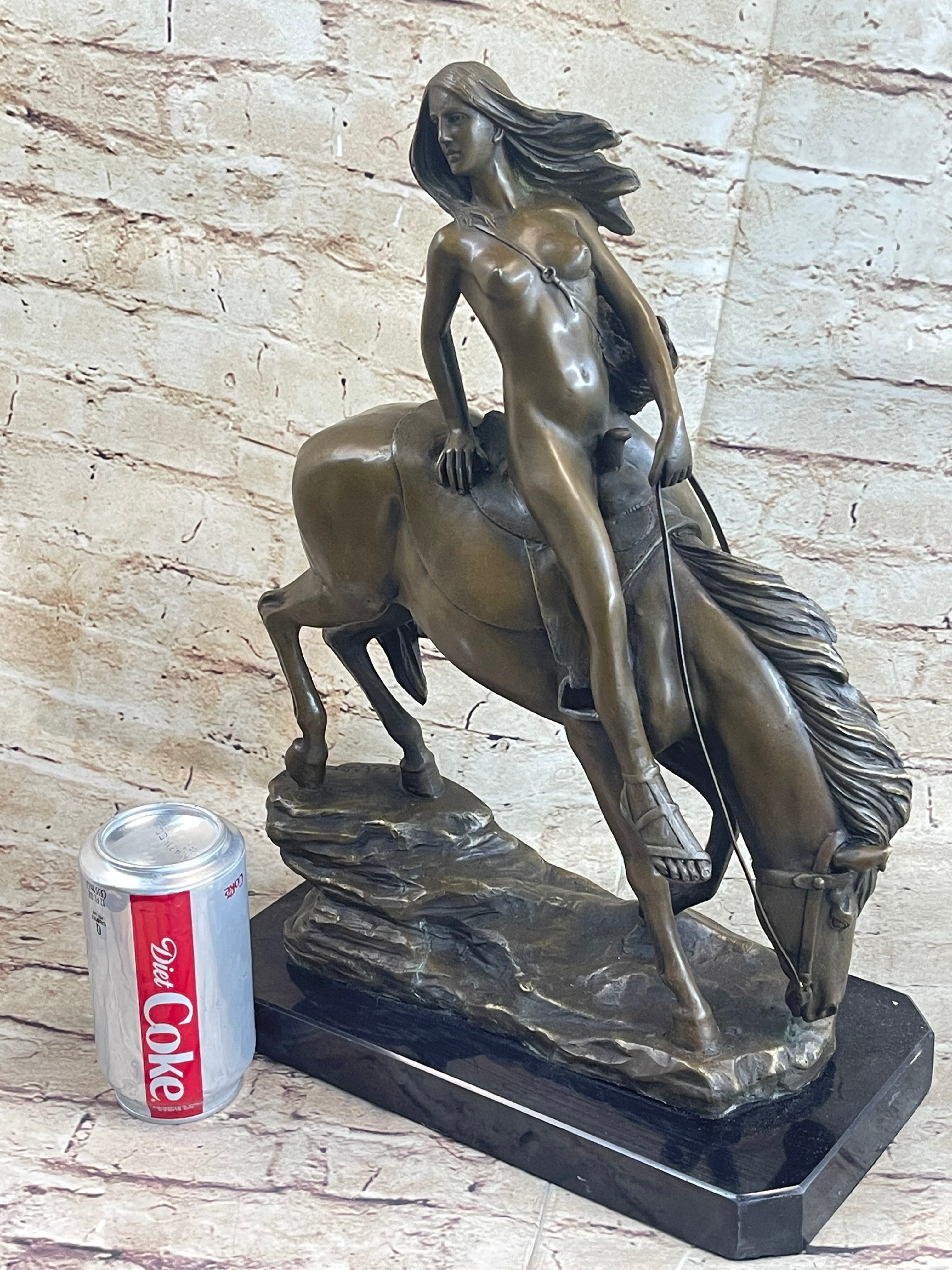 Lady Godiva Nude Girl on Horseback Bronze Sculpture Figure 16" x 12"