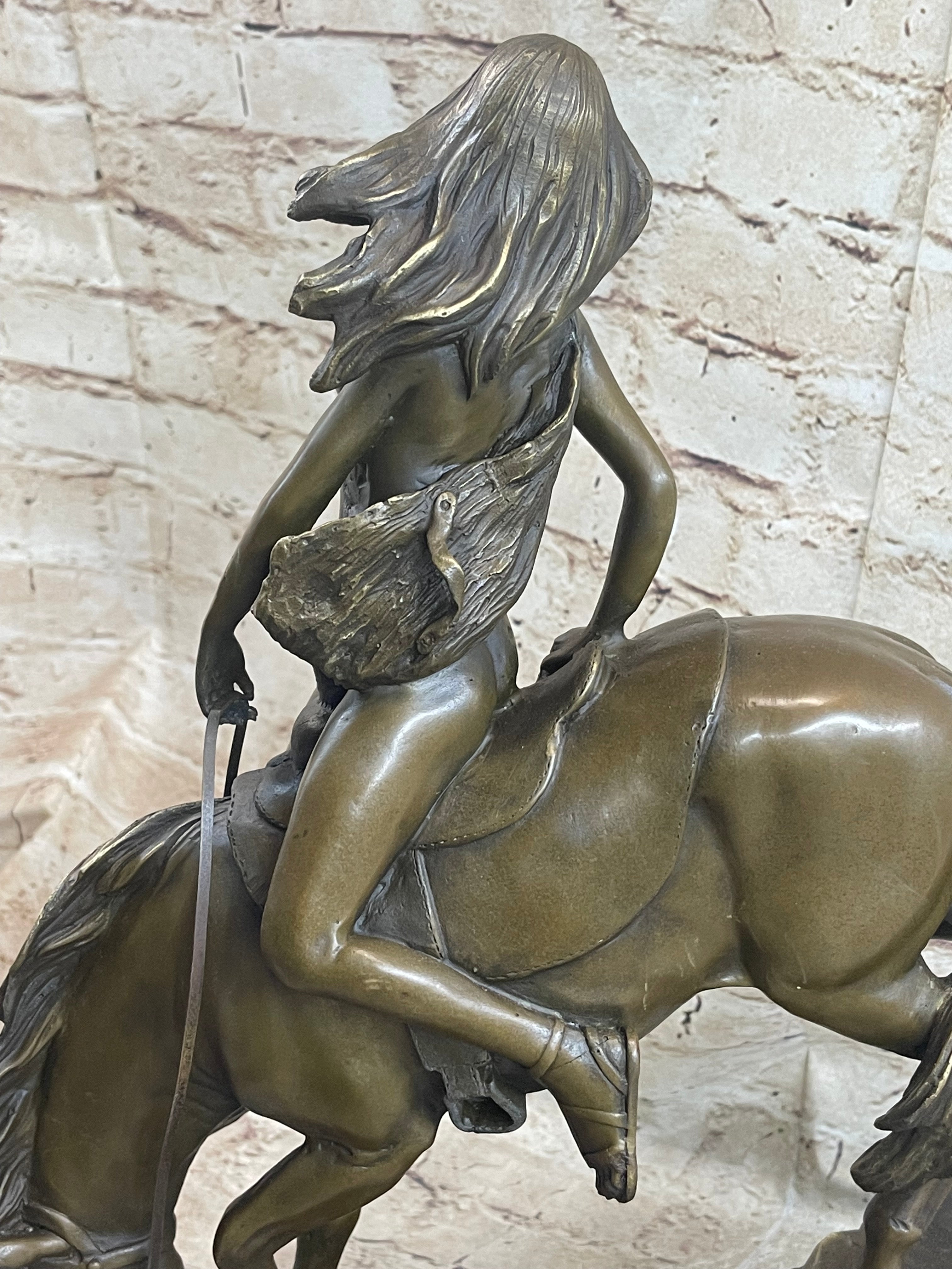 Lady Godiva Nude Girl on Horseback Bronze Sculpture Figure 16" x 12"