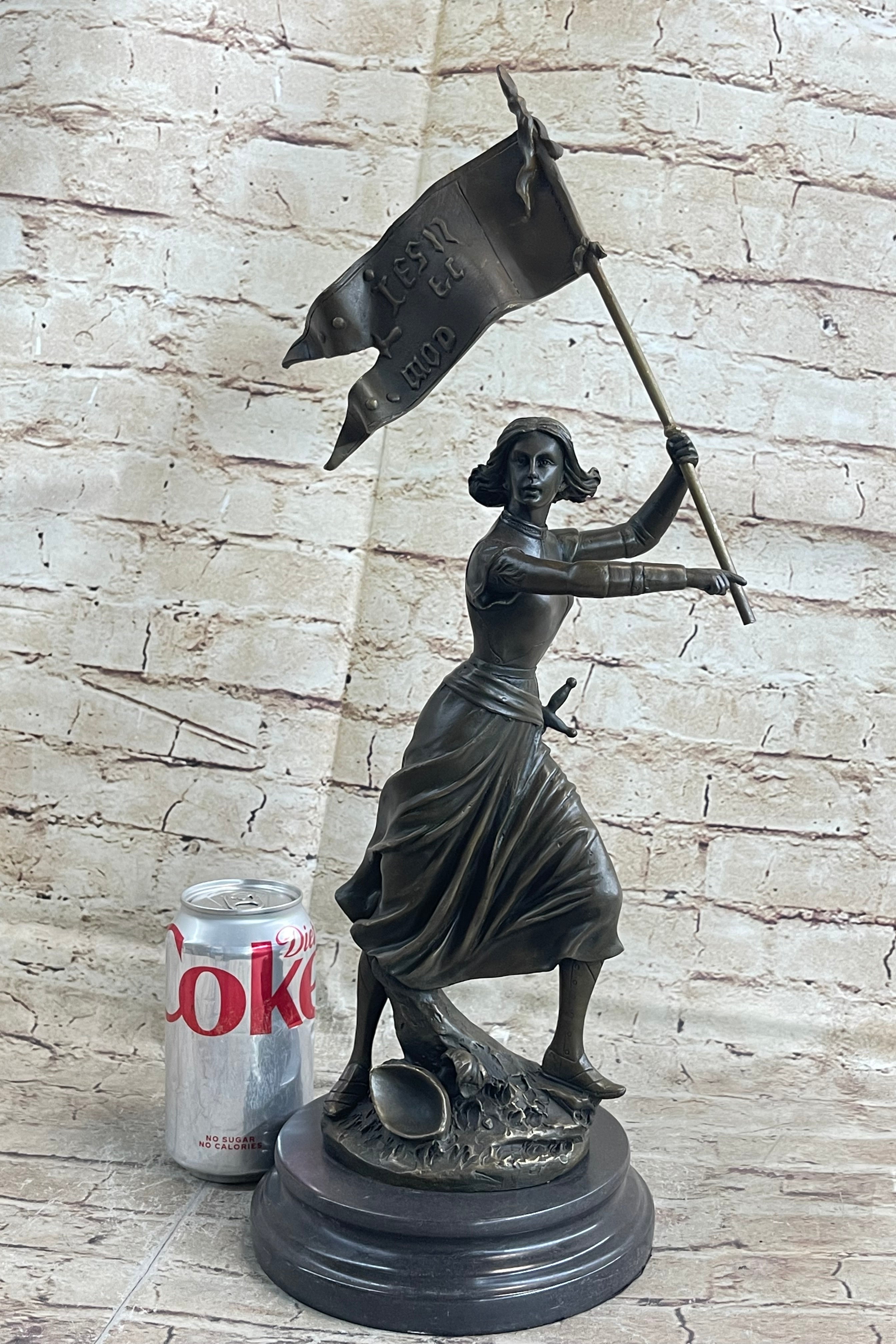 Saint Joan of Arc Standing W/ Flag Bronze Figure