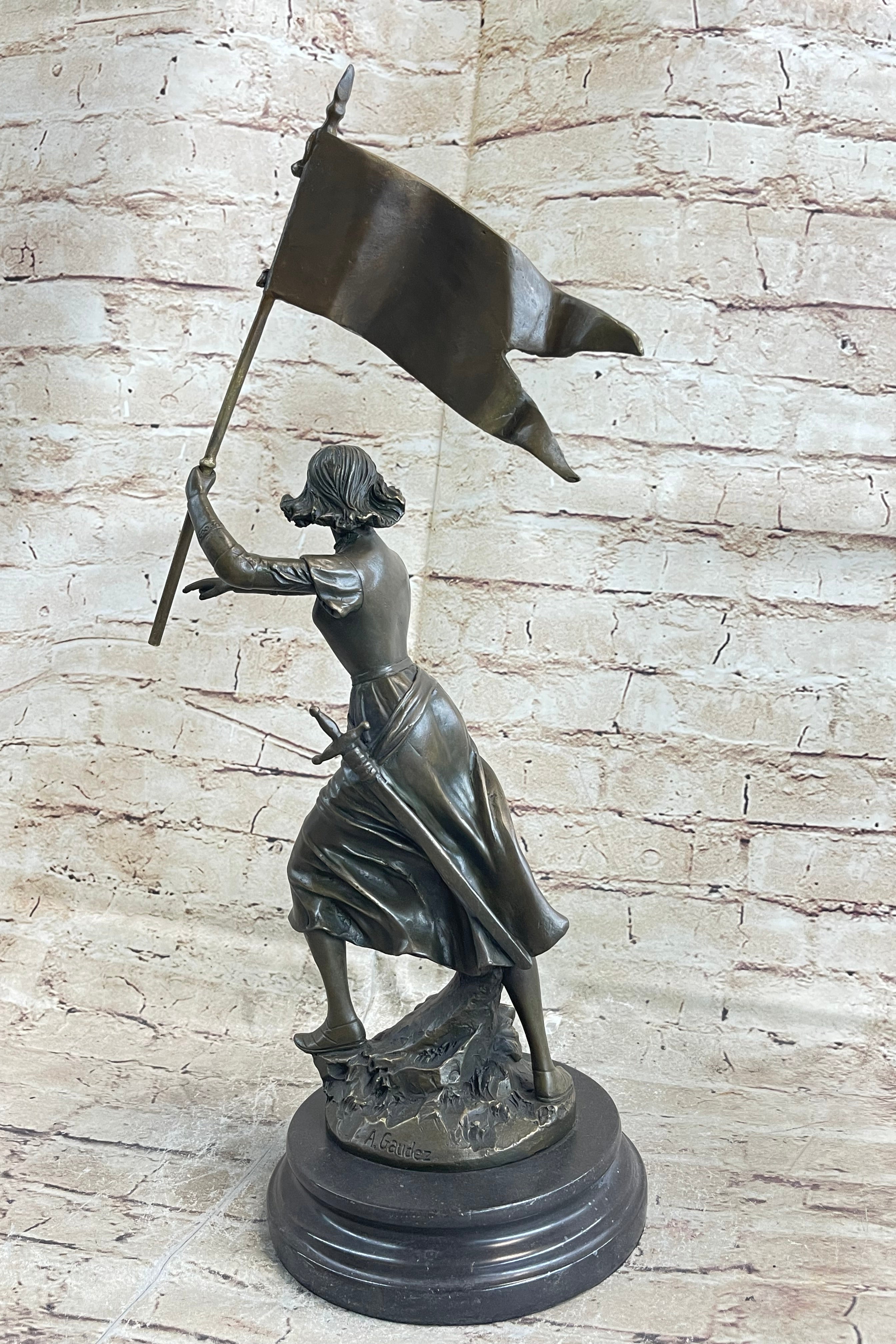 Saint Joan of Arc Standing W/ Flag Bronze Figure