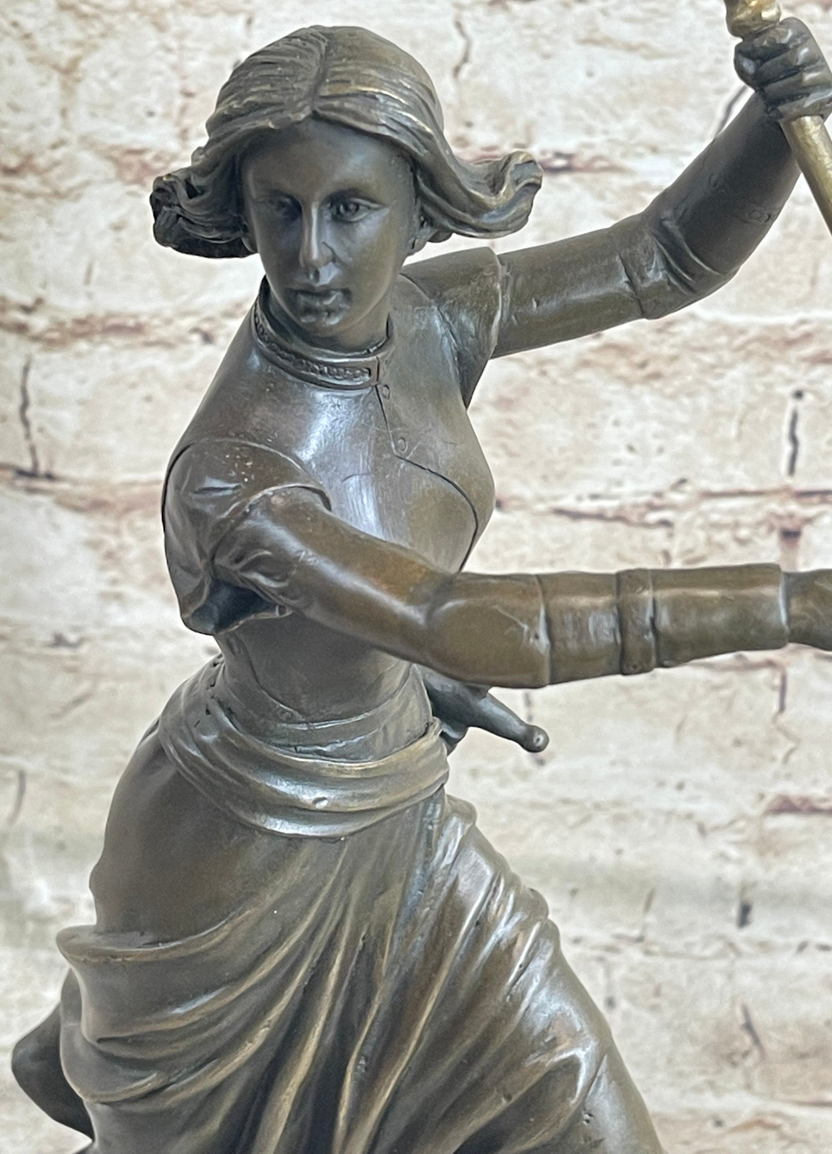 Saint Joan of Arc Standing W/ Flag Bronze Figure