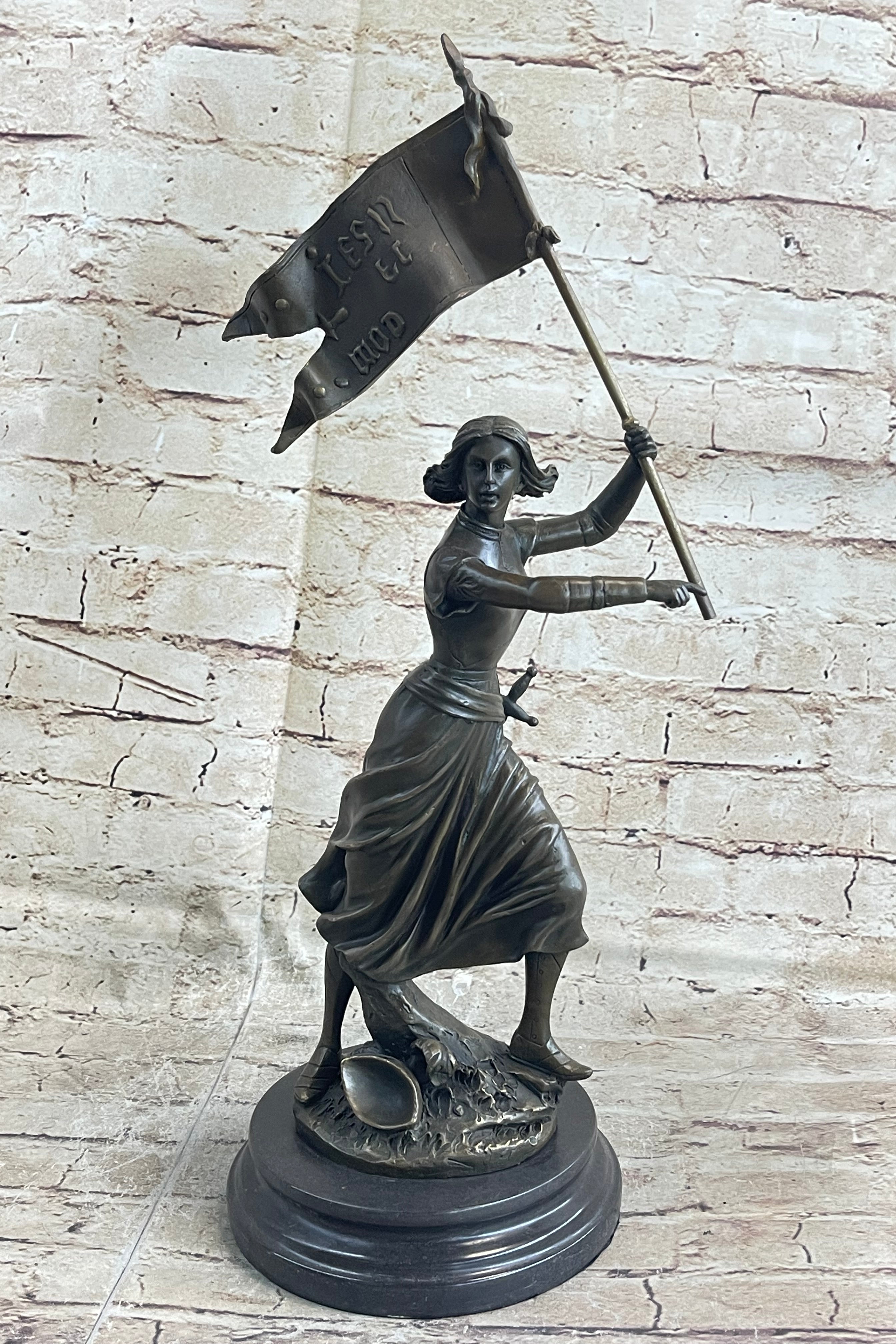 Saint Joan of Arc Standing W/ Flag Bronze Figure