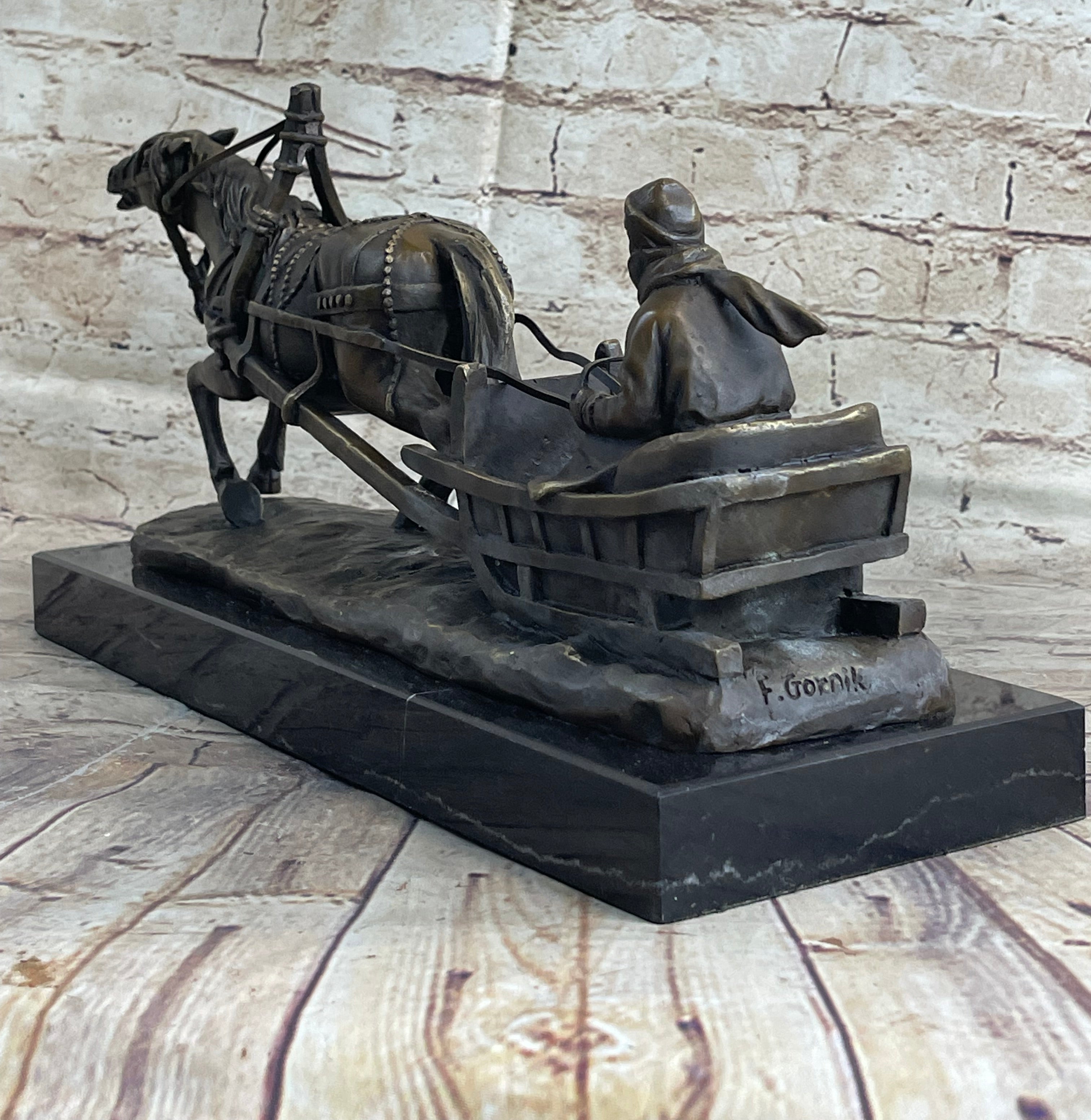Large Russian Bronze - Man in Sleigh by Horse - Friedrich Gornik
