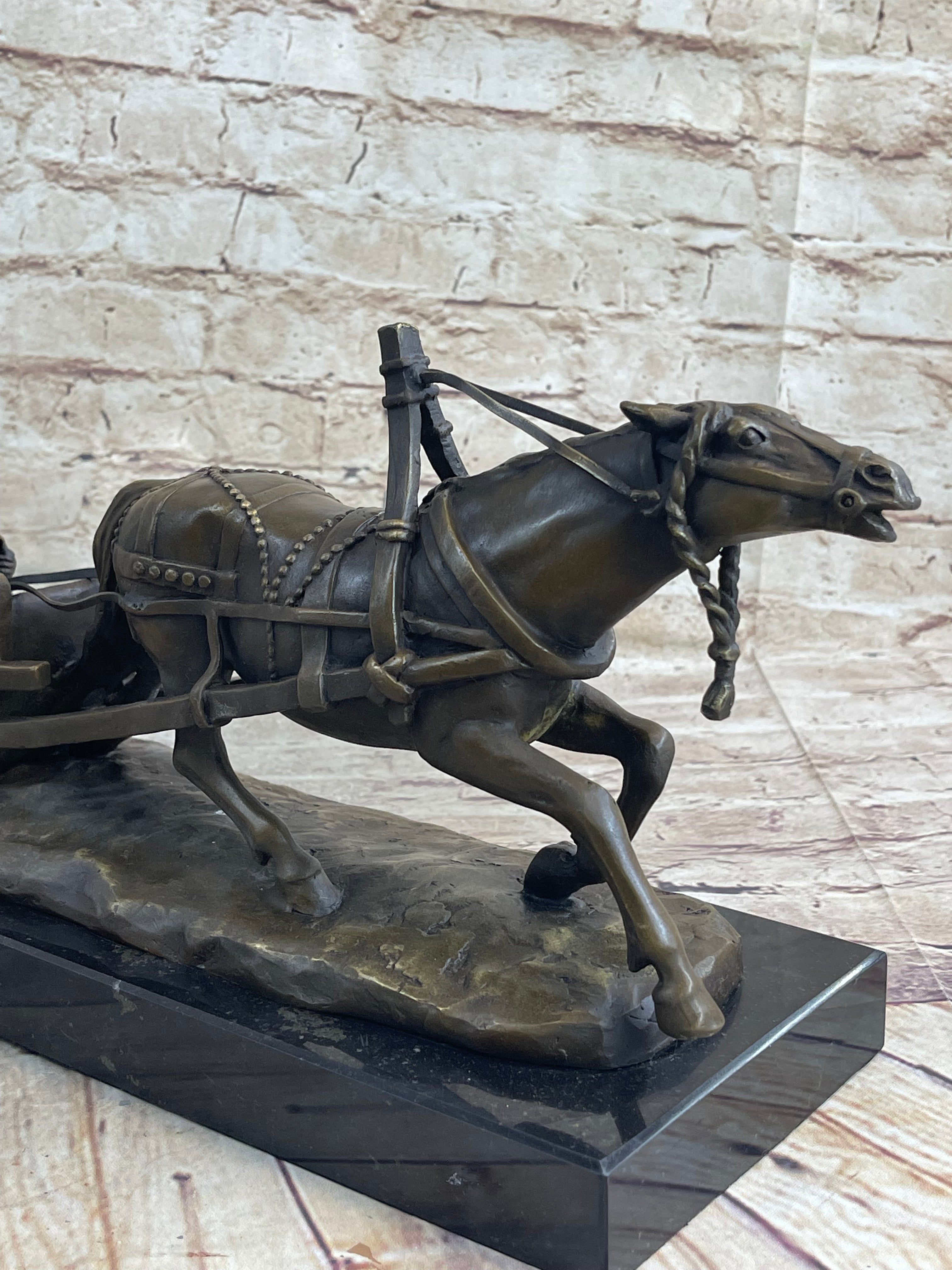 Large Russian Bronze - Man in Sleigh by Horse - Friedrich Gornik