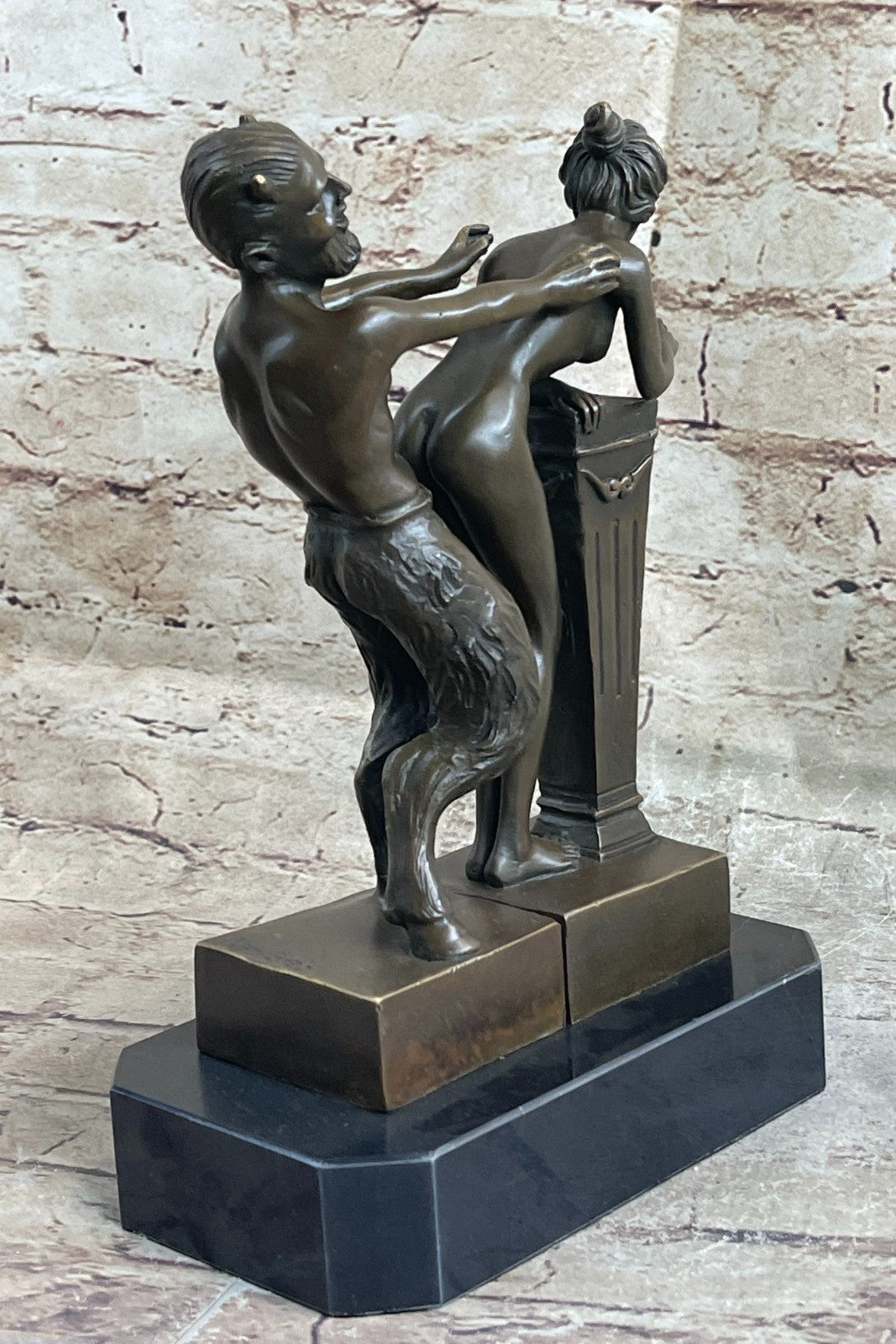 Erotic Bronze Sculpture of Satyr & Nymph Girl Having Sex Metal Figures Marble Base