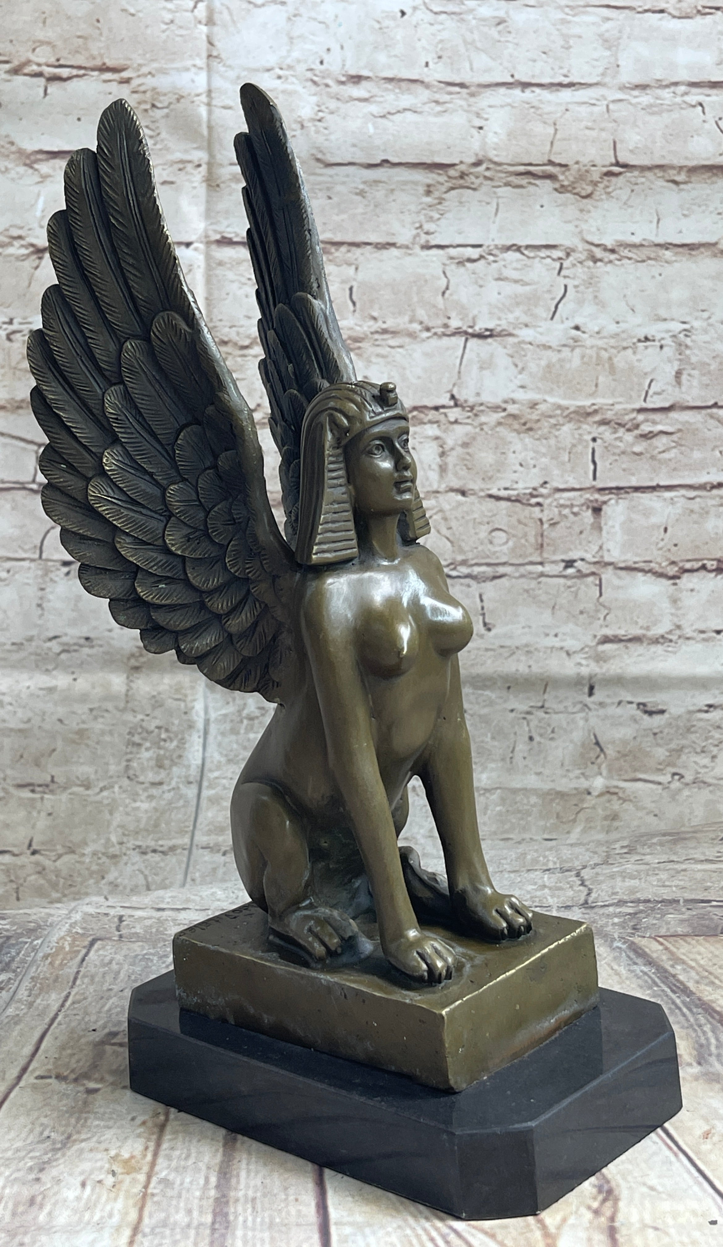 Signed Aldo Vitaleh Nude Sphinx Bronze Sculpture Marble Base