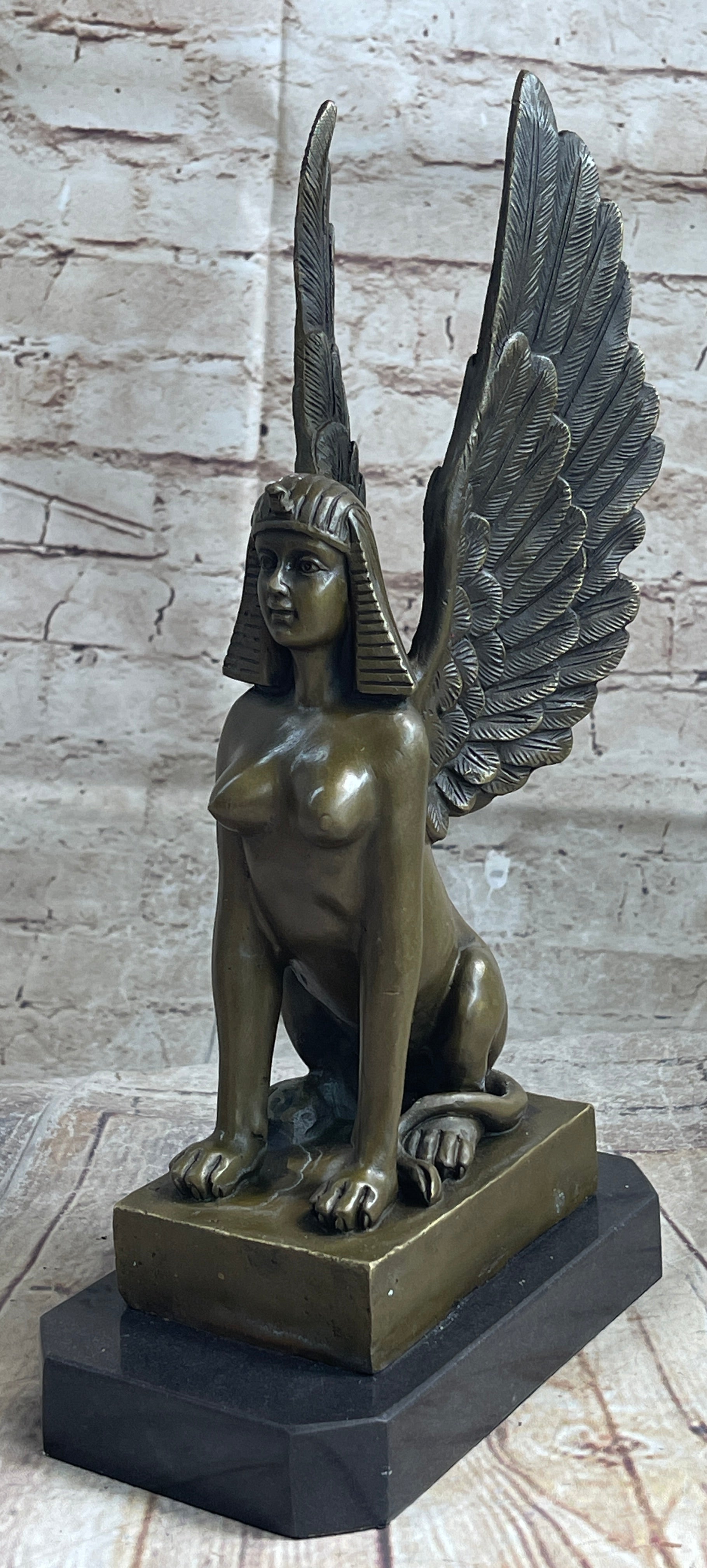 Signed Aldo Vitaleh Nude Sphinx Bronze Sculpture Marble Base