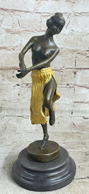 Semi Nude Female Hawaiian Dancer Girl Hula Skirt Bronze Statue Sculpture Figure Gold Patina