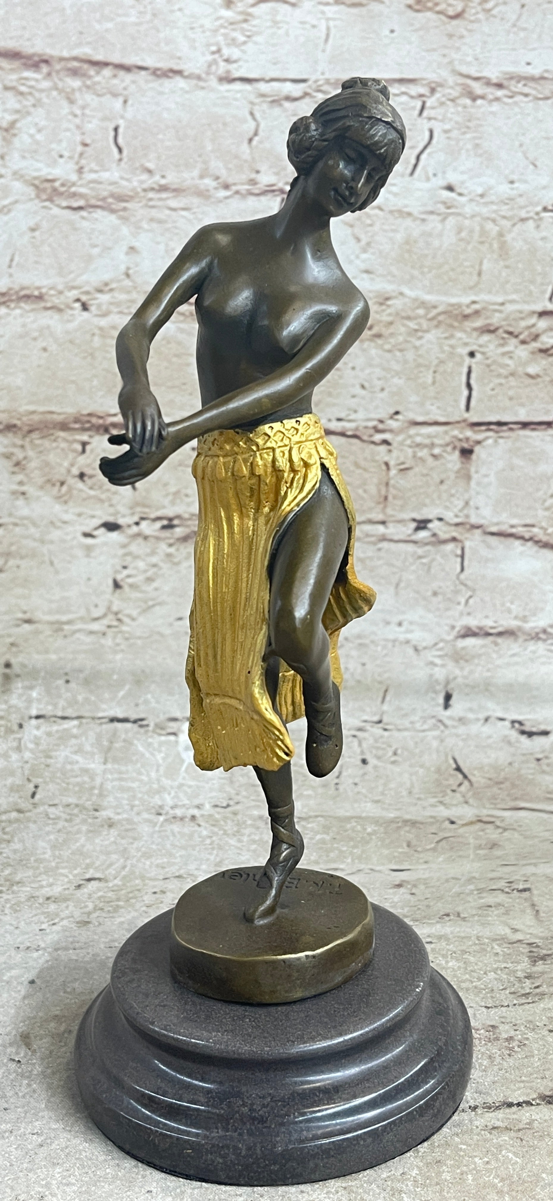 Semi Nude Female Hawaiian Dancer Girl Hula Skirt Bronze Statue Sculpture Figure Gold Patina