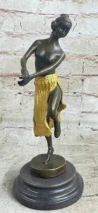 Semi Nude Female Hawaiian Dancer Girl Hula Skirt Bronze Statue Sculpture Figure Gold Patina