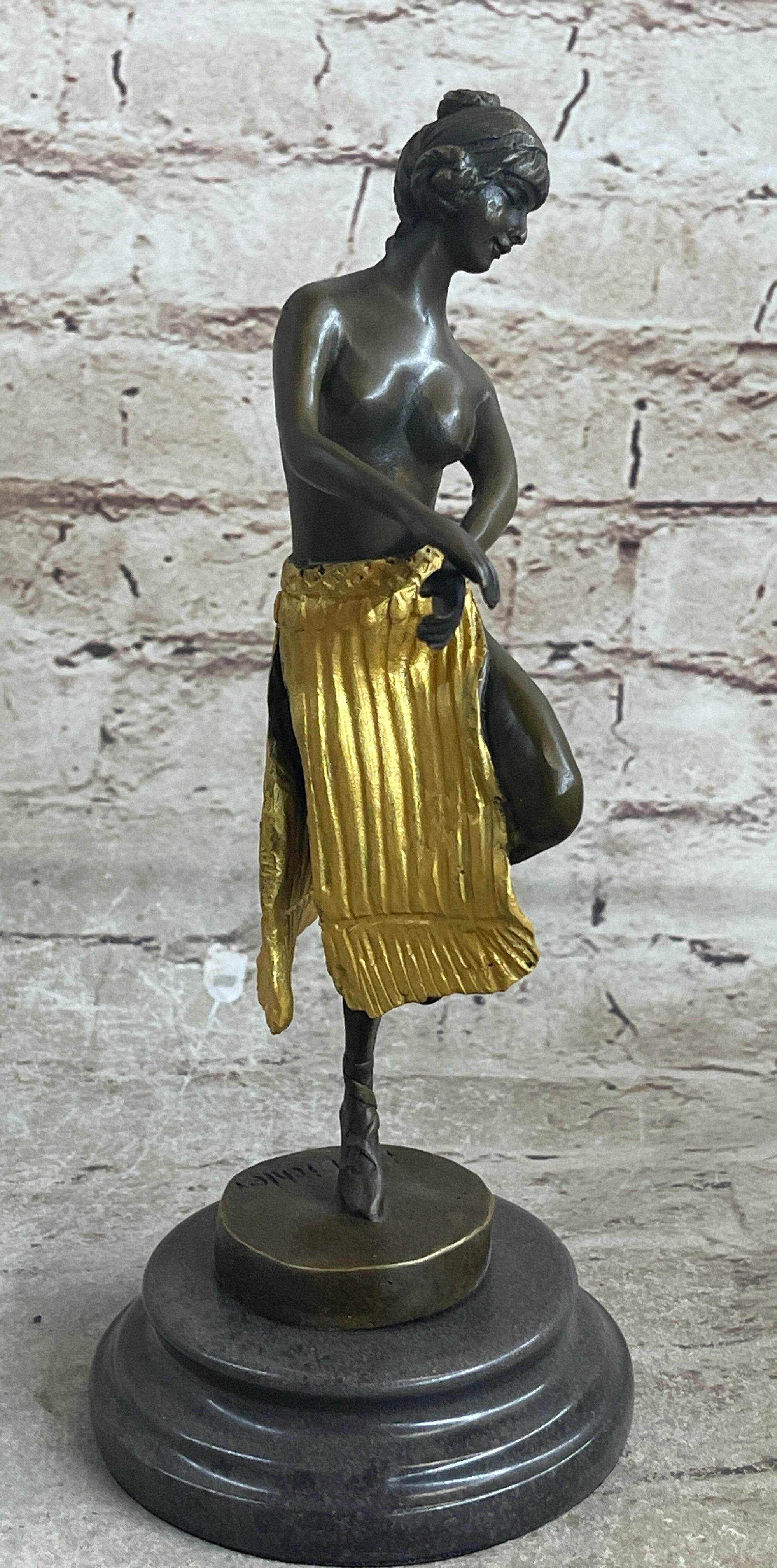 Semi Nude Female Hawaiian Dancer Girl Hula Skirt Bronze Statue Sculpture Figure Gold Patina
