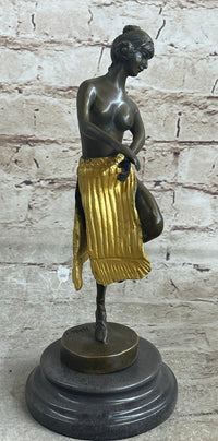 Semi Nude Female Hawaiian Dancer Girl Hula Skirt Bronze Statue Sculpture Figure Gold Patina