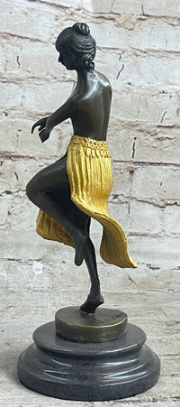 Semi Nude Female Hawaiian Dancer Girl Hula Skirt Bronze Statue Sculpture Figure Gold Patina